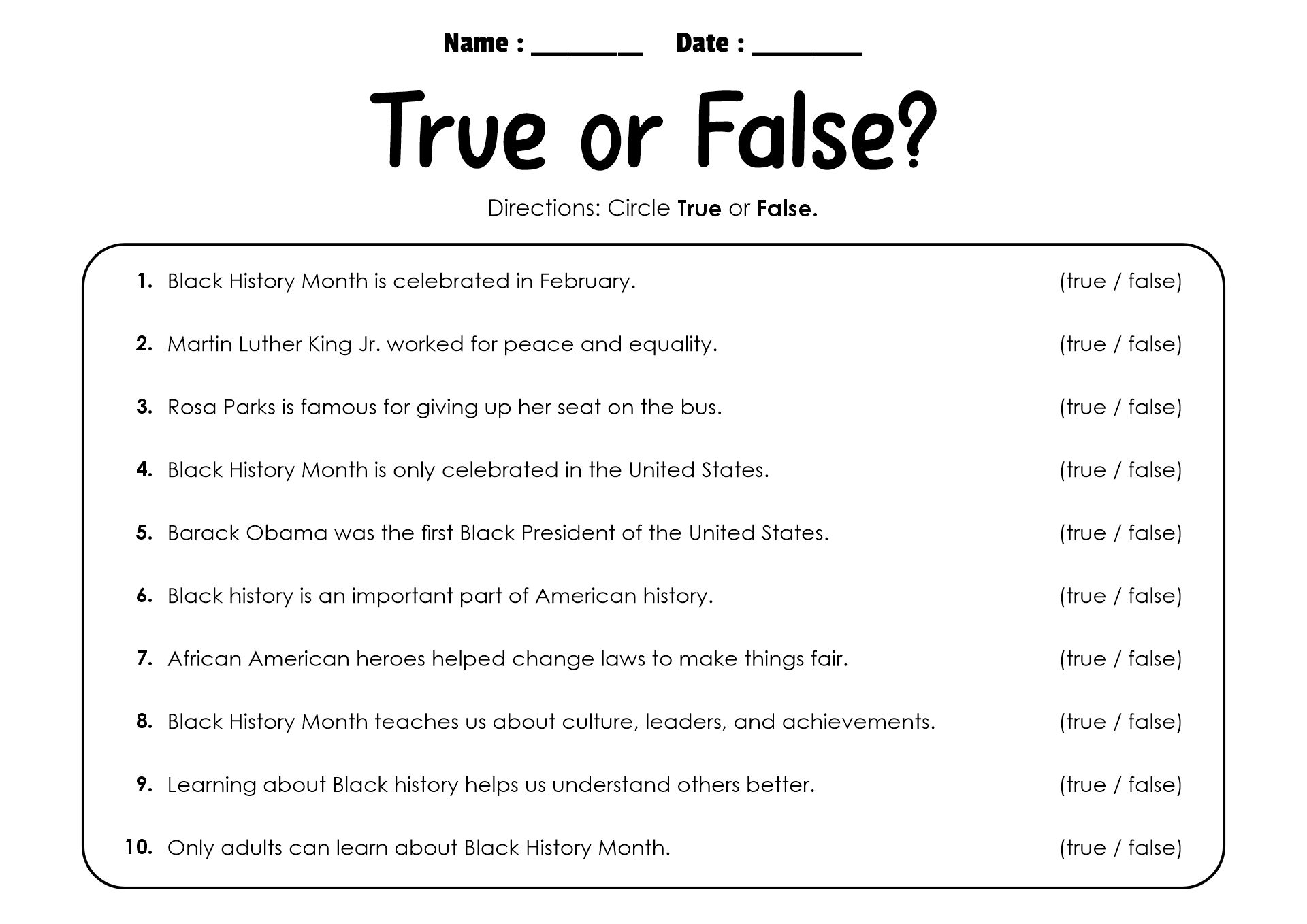 Black History Month Worksheets Elementary