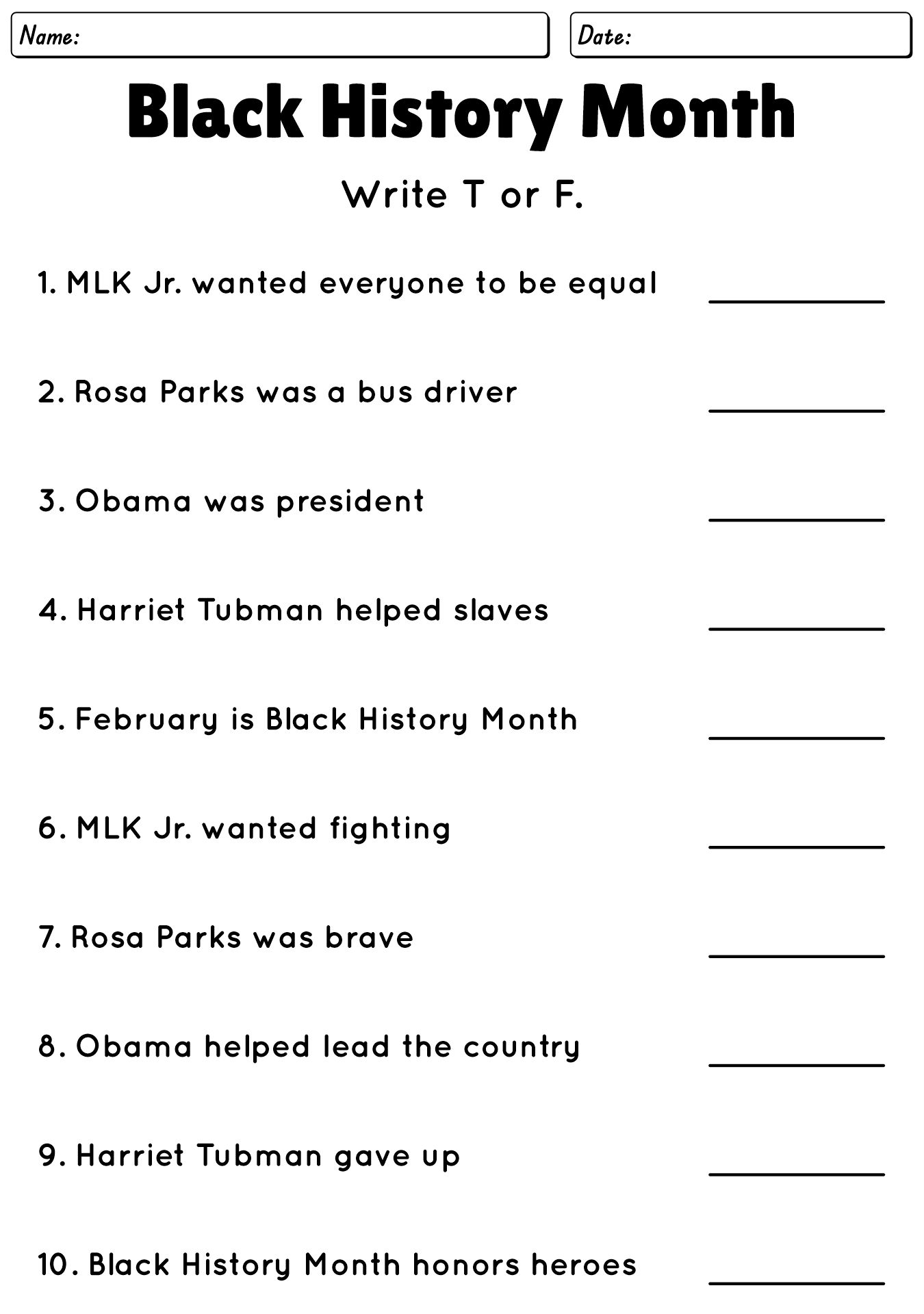 Black History Month Worksheets For Young Learners