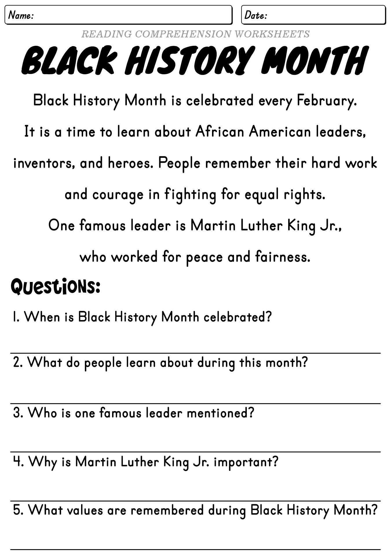 Black History Month Worksheets