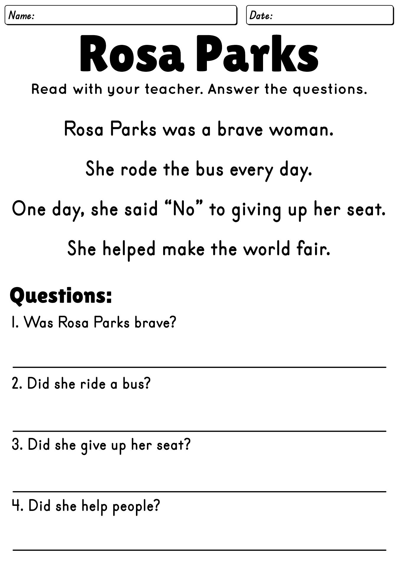 Black History Worksheets Reading For Preschool