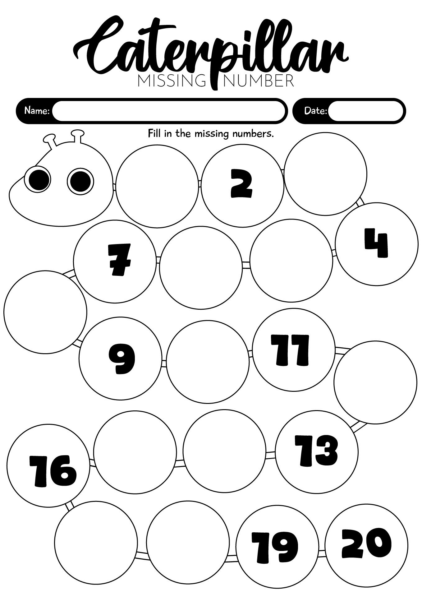 Caterpillar 1-20 Missing Number Worksheets