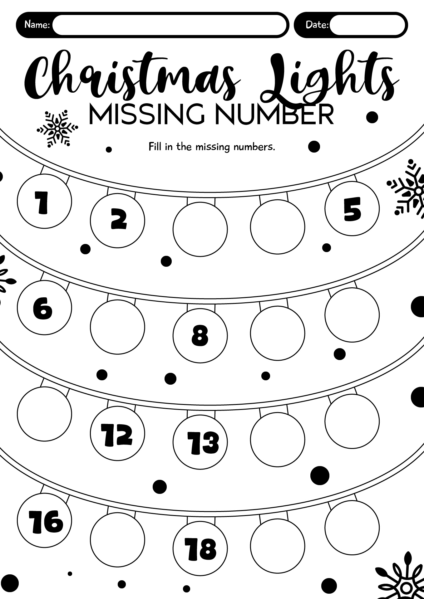 Christmas Lights Missing Numbers 1-20 Worksheet