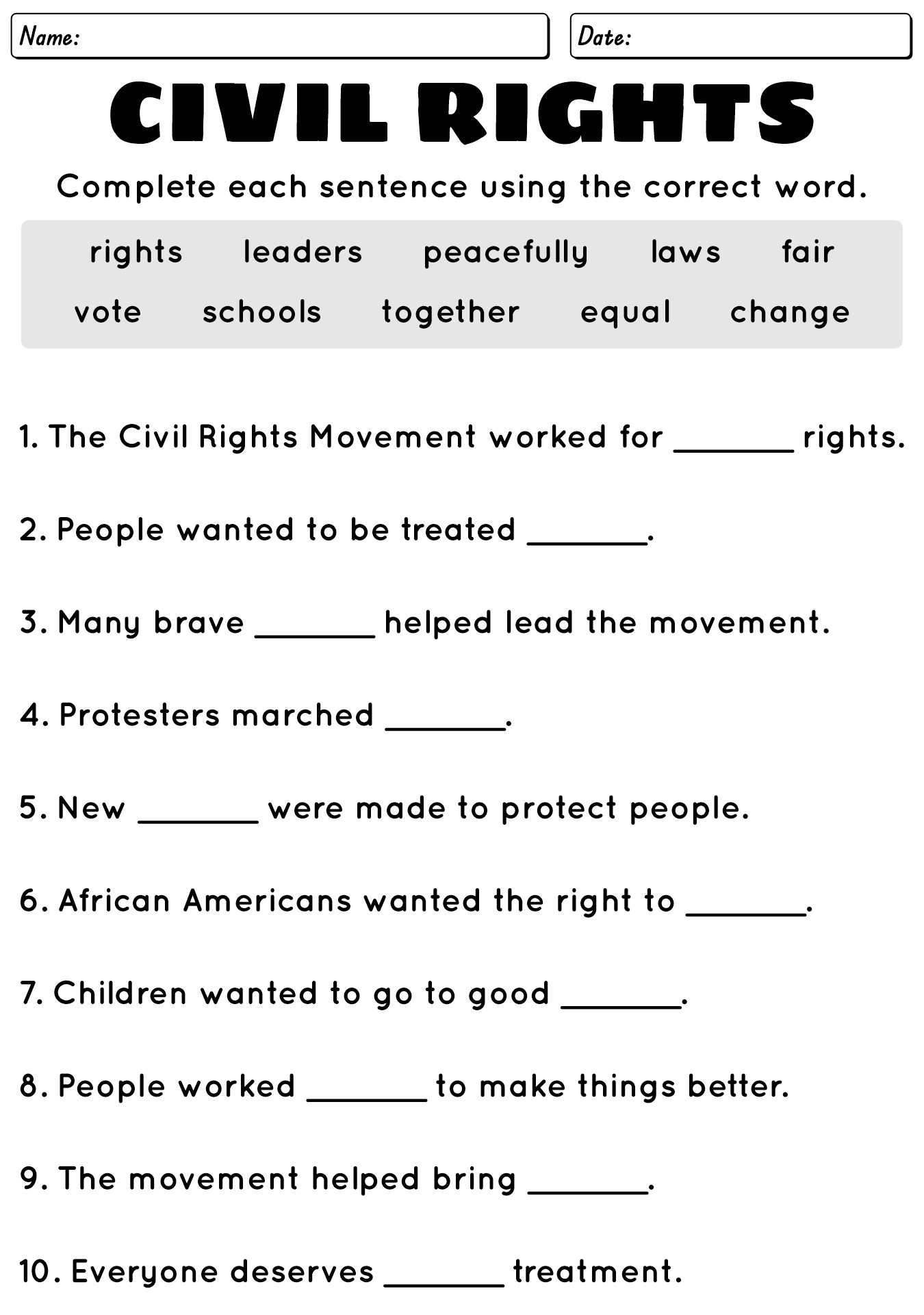 Civil Rights Movement Worksheets for Kids
