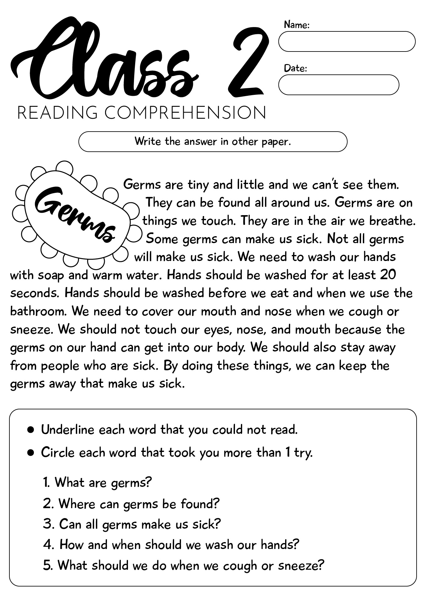 Class 2 Reading Comprehension Leveled Worksheet
