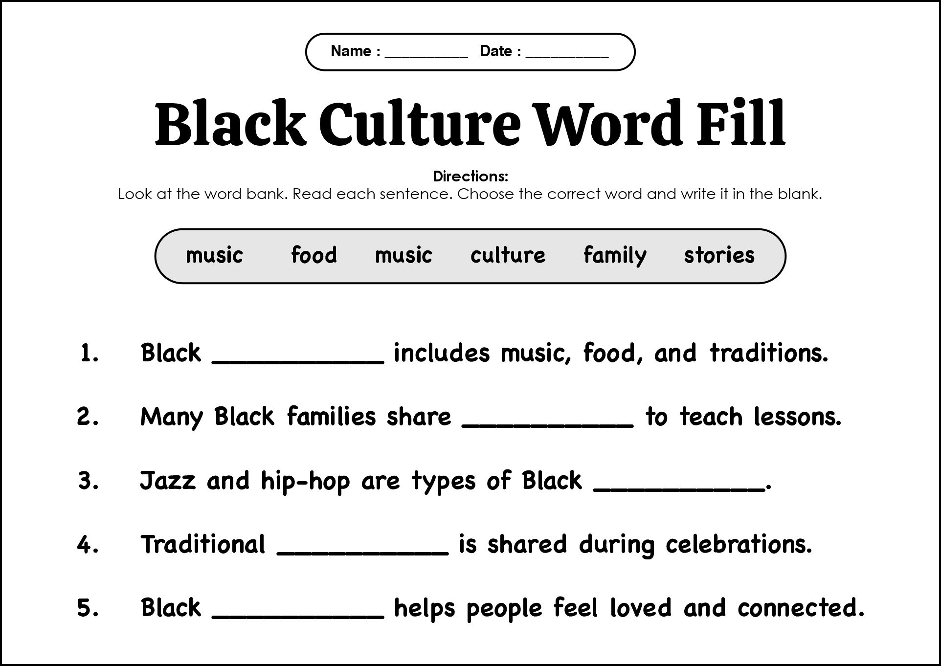 Cultural Black History Month Activity Worksheet for Students