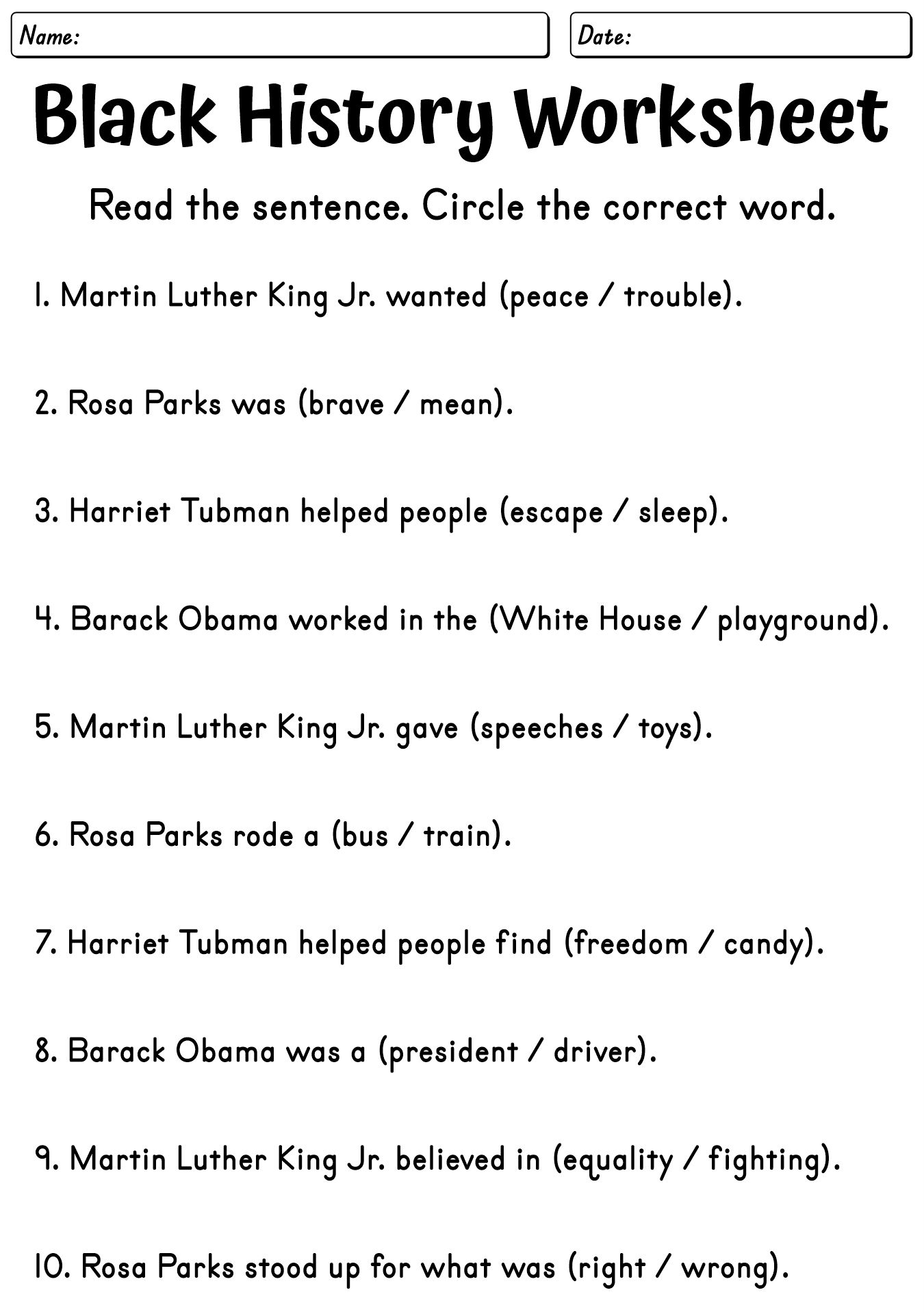 Early Learning Black History Printables