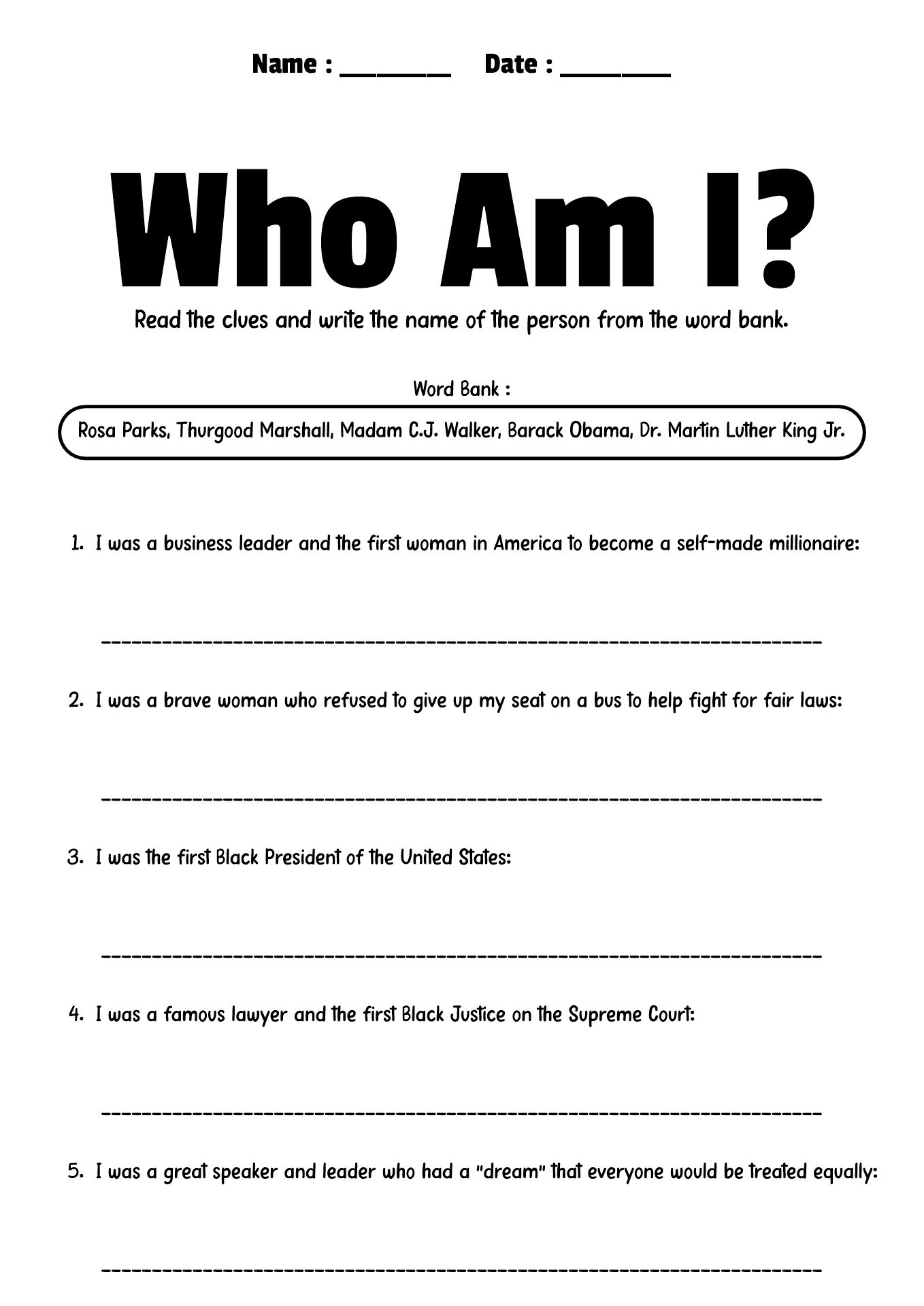 Elementary Worksheets on Major Black Achievements