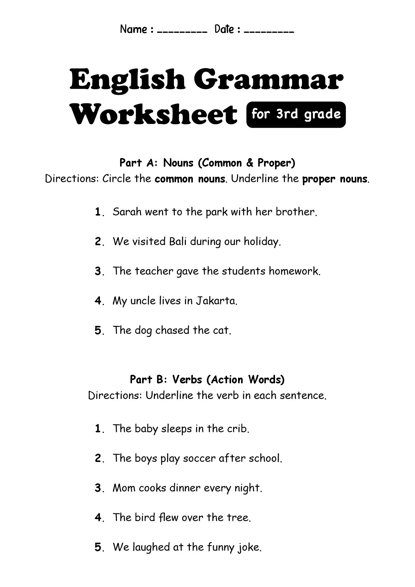 English Grammar Worksheet for Grade 3