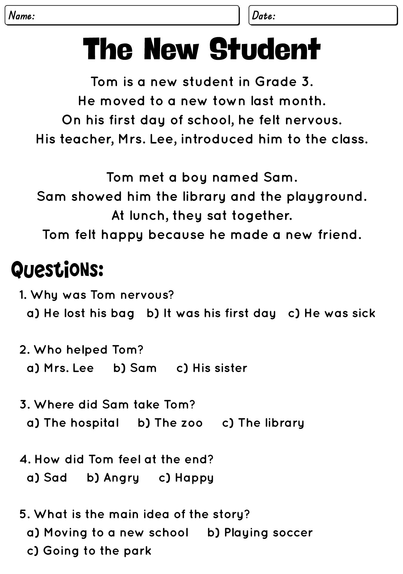 ESL Third Grade Reading Comprehension Activities