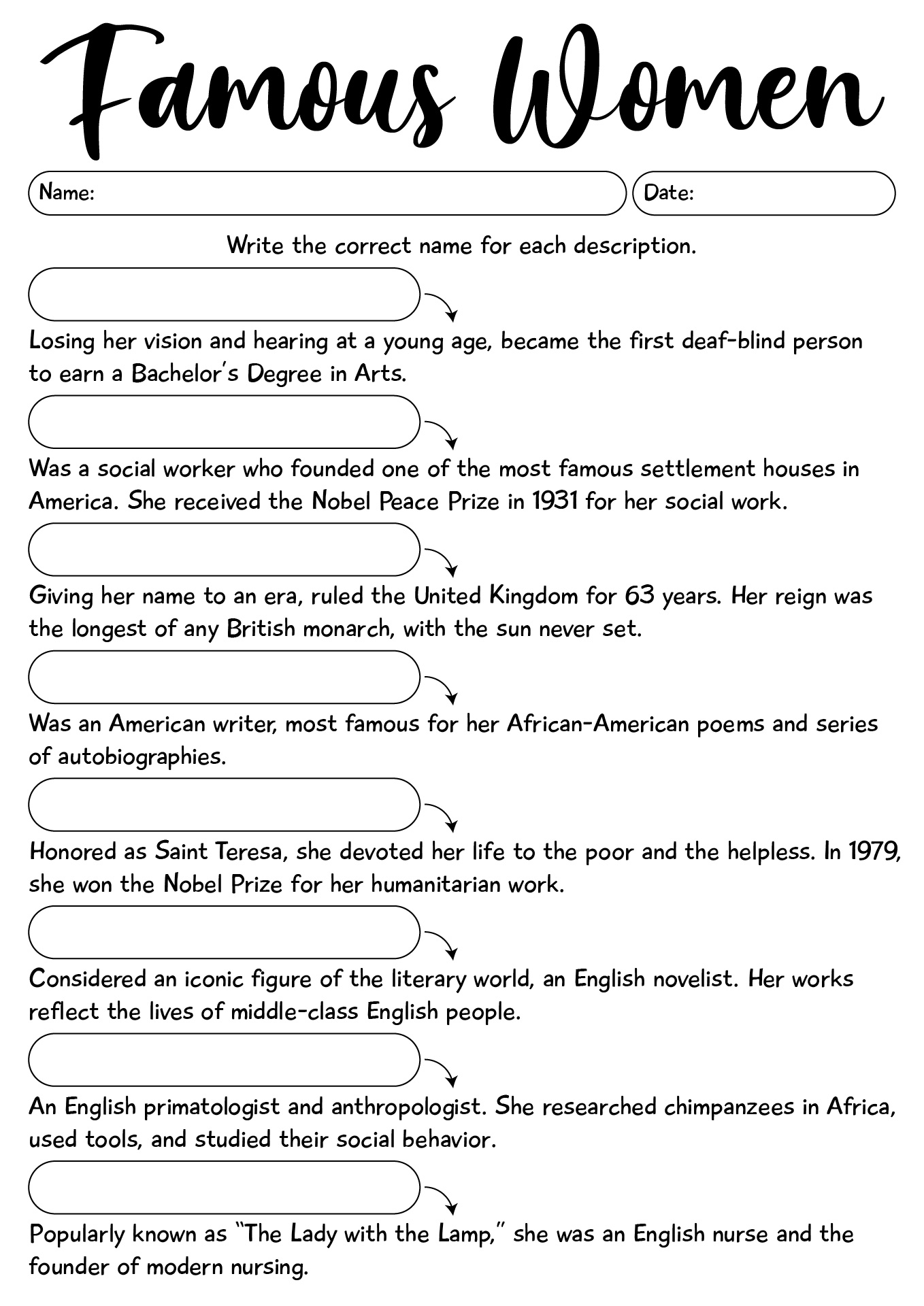Famous Women In History Worksheet For Student