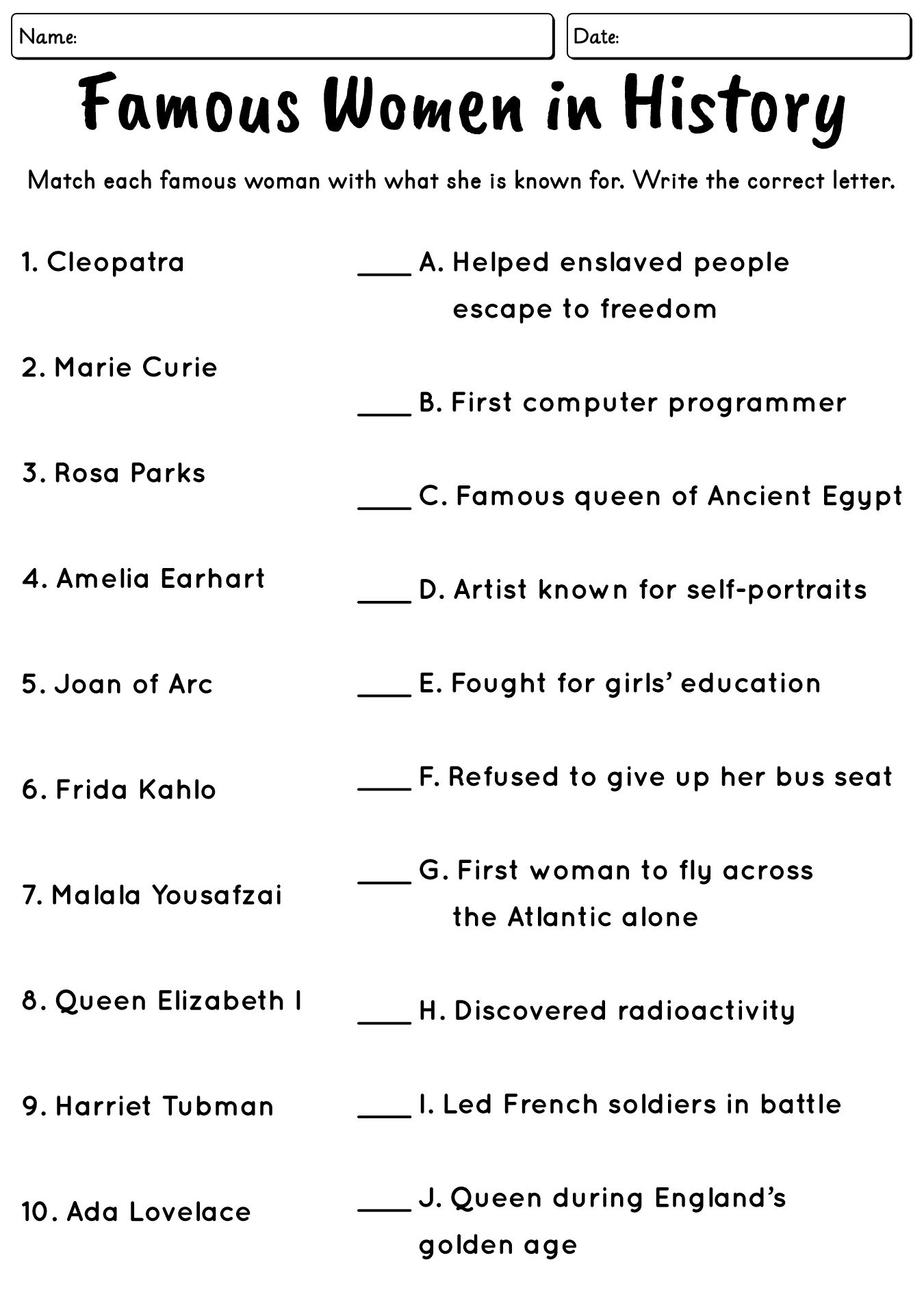 Famous Women In History Worksheet