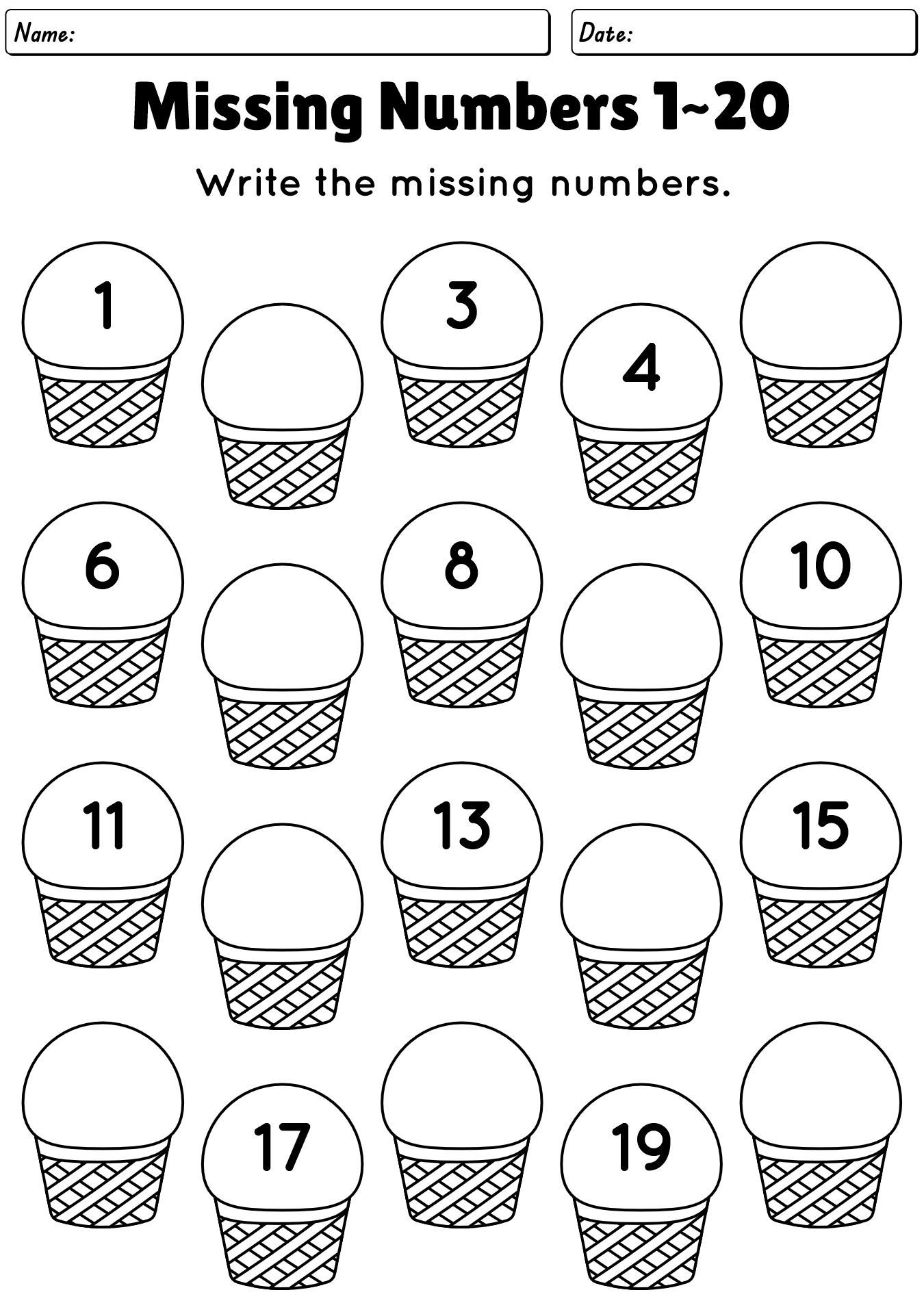 Fill in the Blank Number Worksheets for Kindergarten 1-20