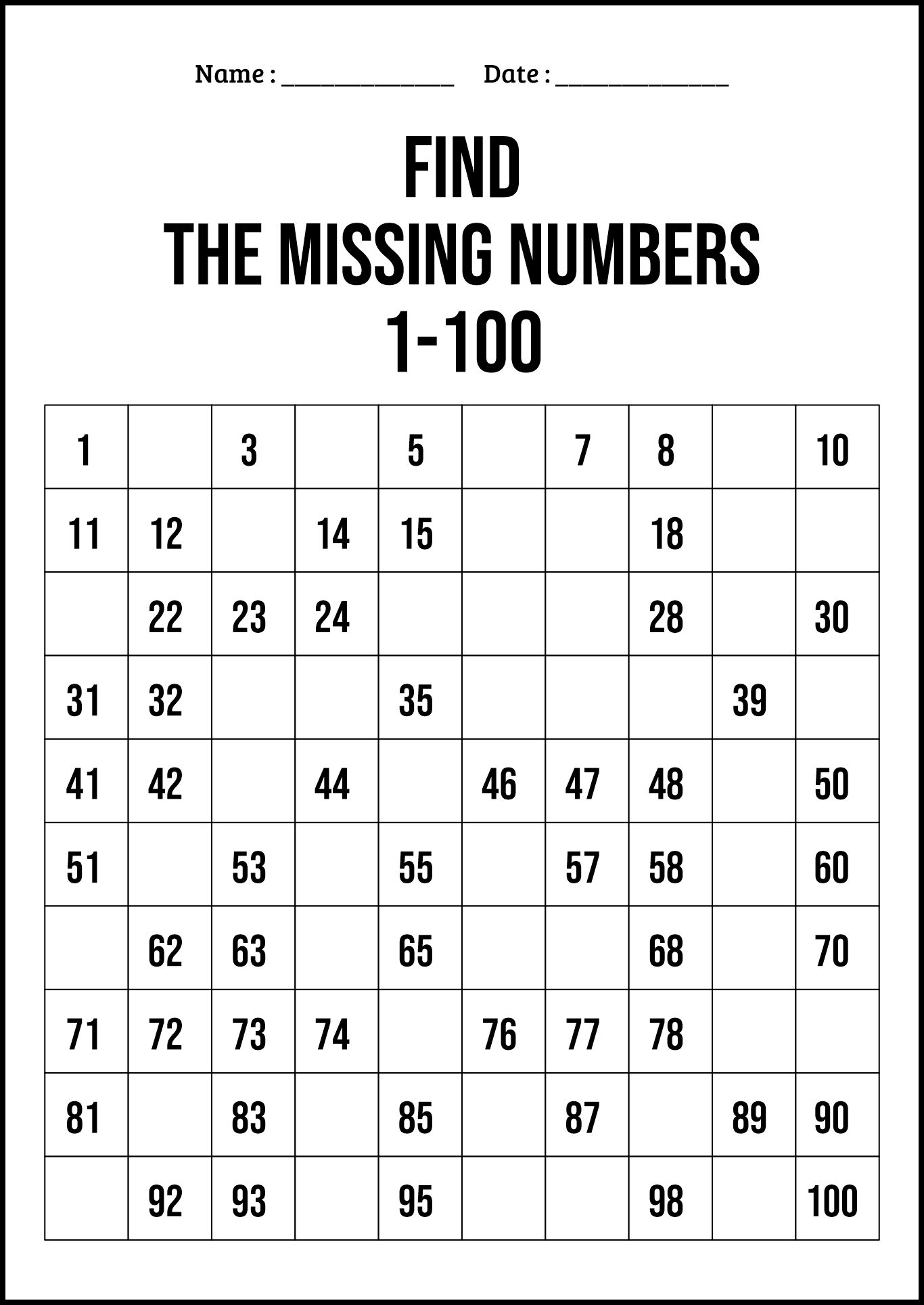 Find the Missing Number Sheets for Numbers to 100