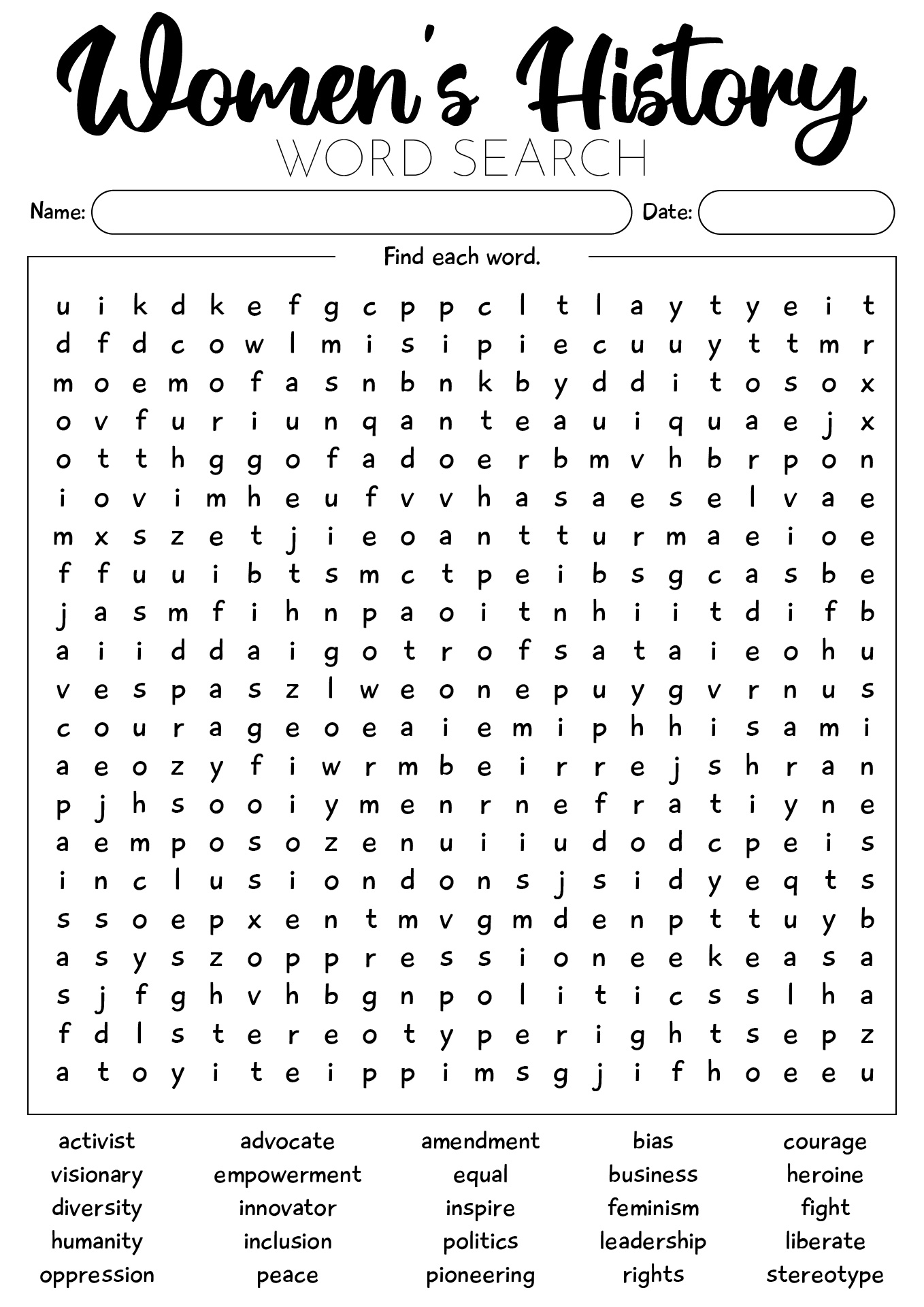 Fourth Grade Womens History Month Word Search