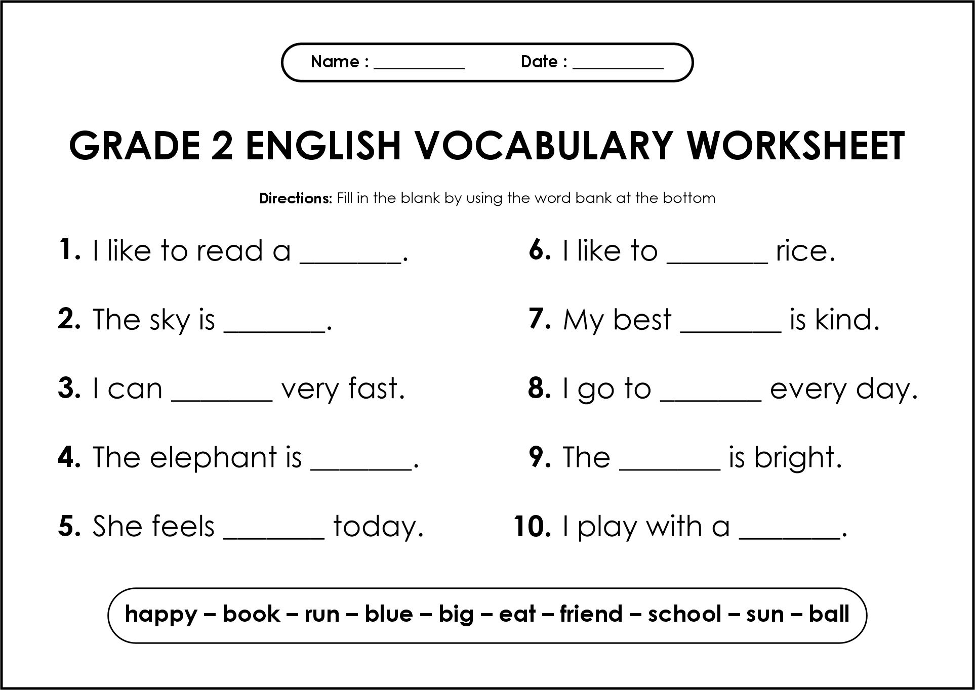Grade 2 English Vocabulary Worksheets