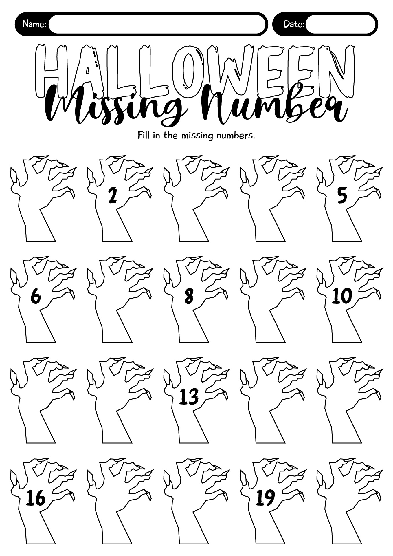 Halloween Missing Numbers 1-20 Worksheet