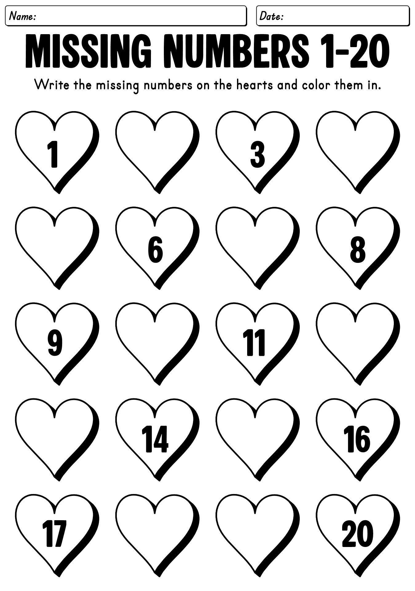 Heart Missing Number Worksheet 1-20