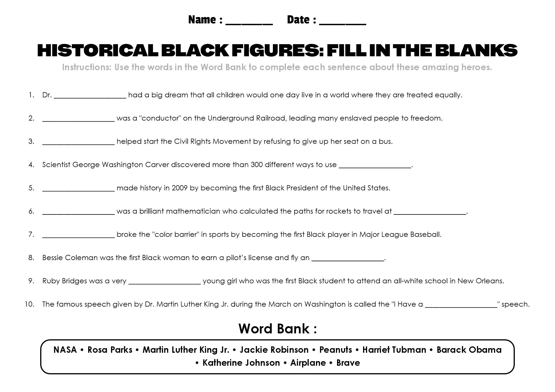 Historical Black Figures Worksheets for Young Students