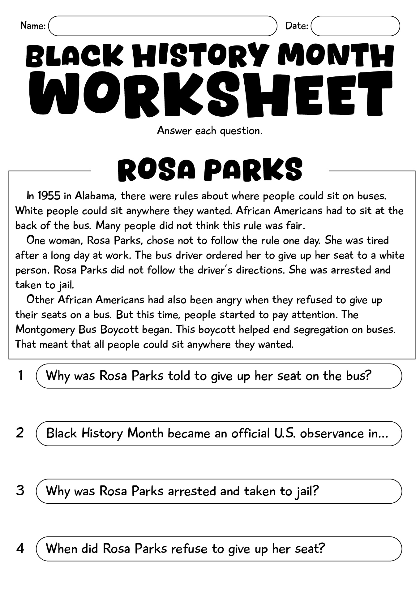 History Month English Language Arts Worksheet