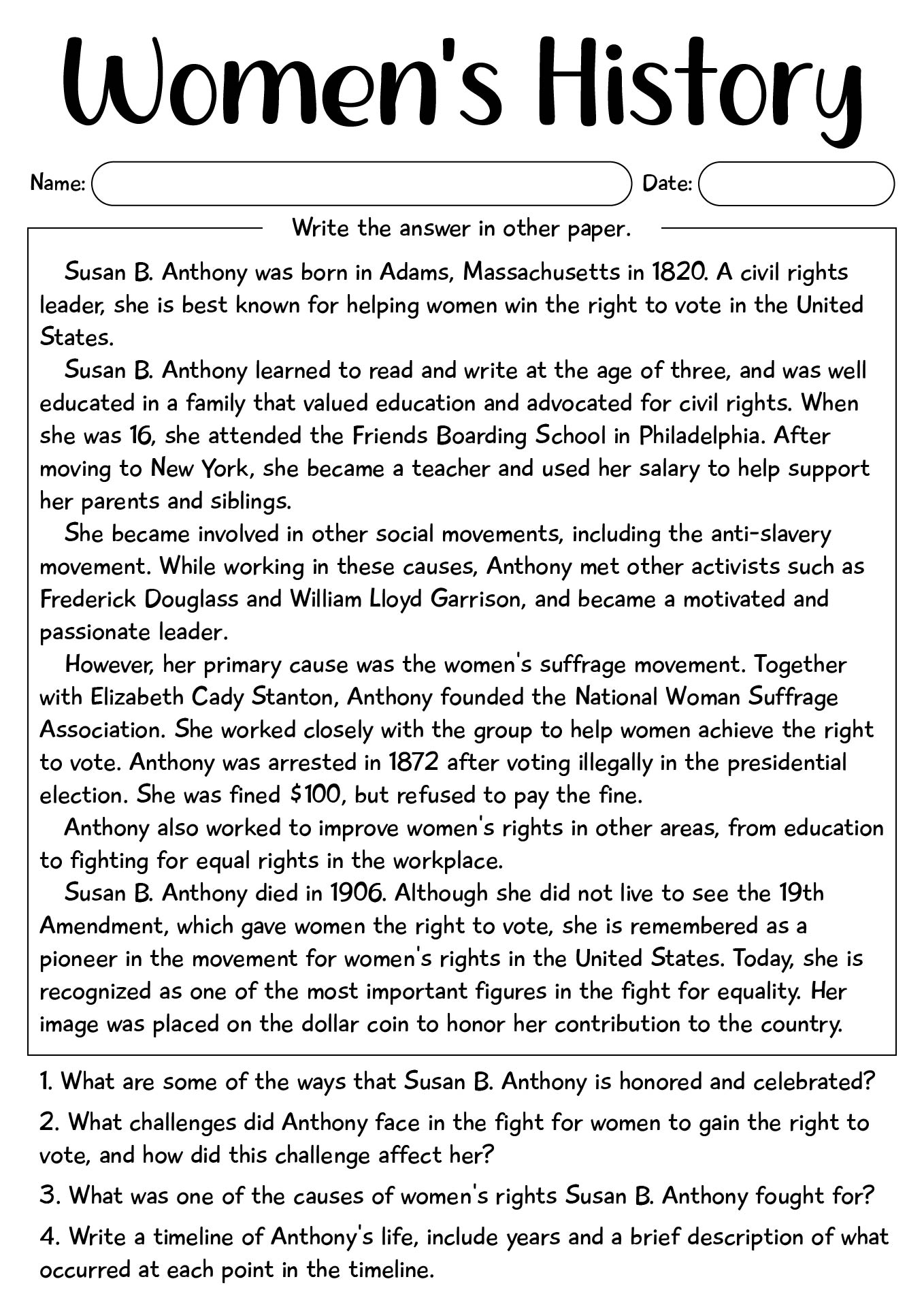 History Month Worksheets For 4th Grade