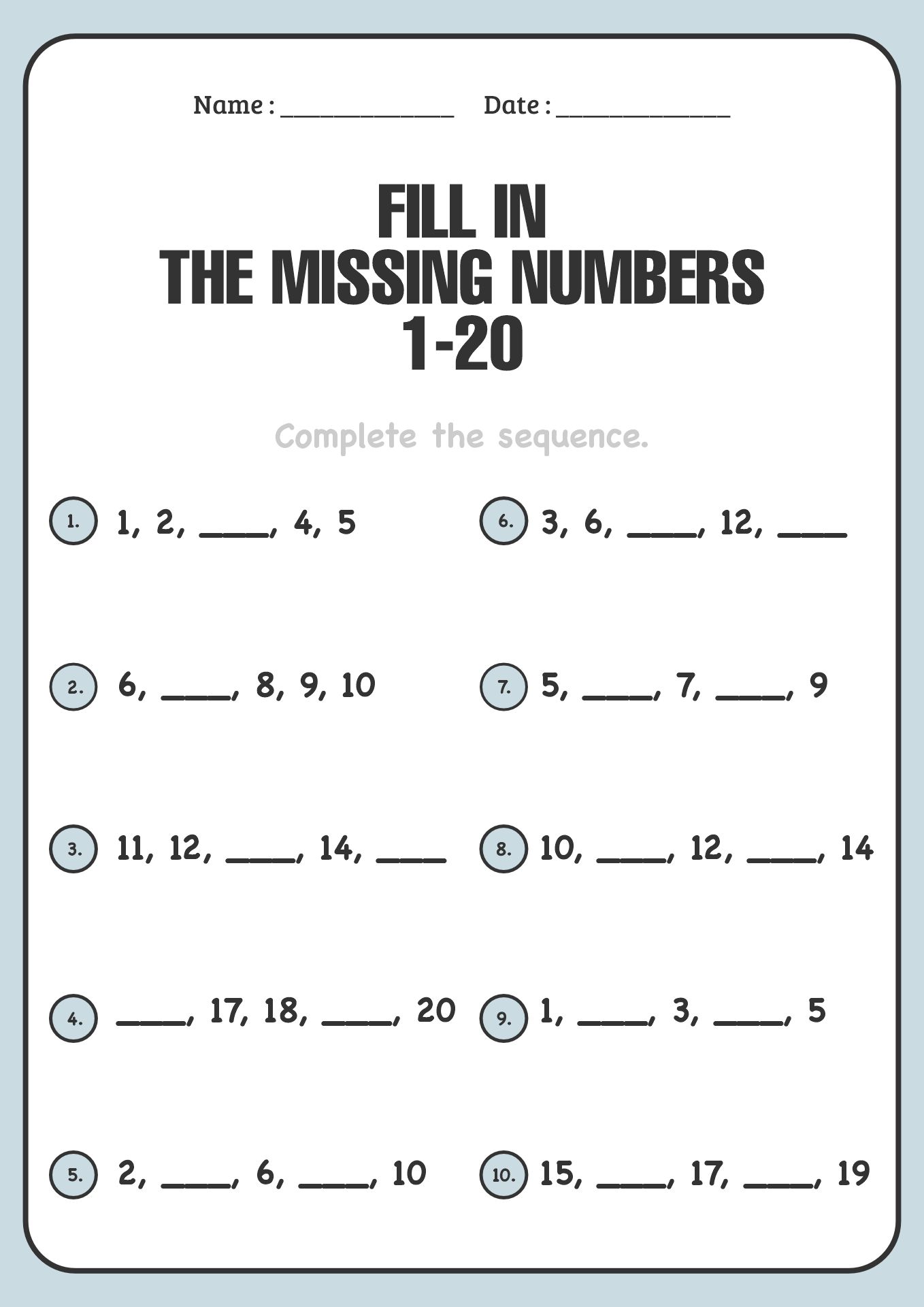 Interactive Printable Missing Number Worksheets 1-20