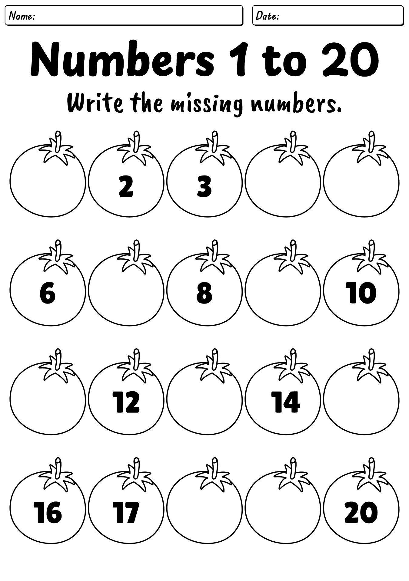 Kindergarten Number Completion Worksheets 1-20