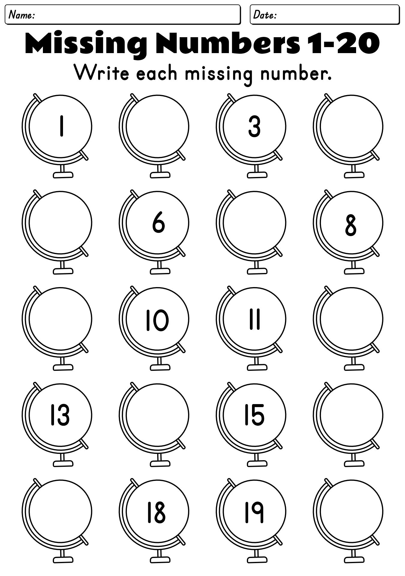 Math Worksheet 1-20 Missing Number