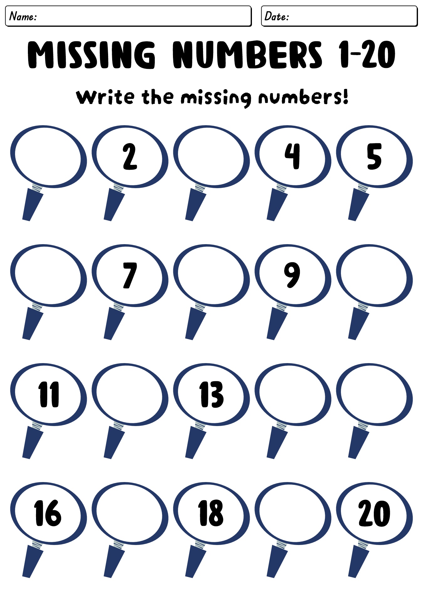 Math Worksheets Missing Numbers 1-20