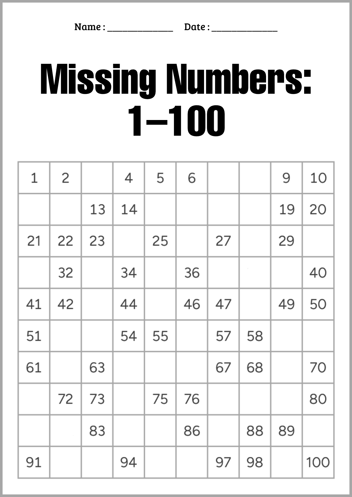 Missing Digits Worksheets within 100