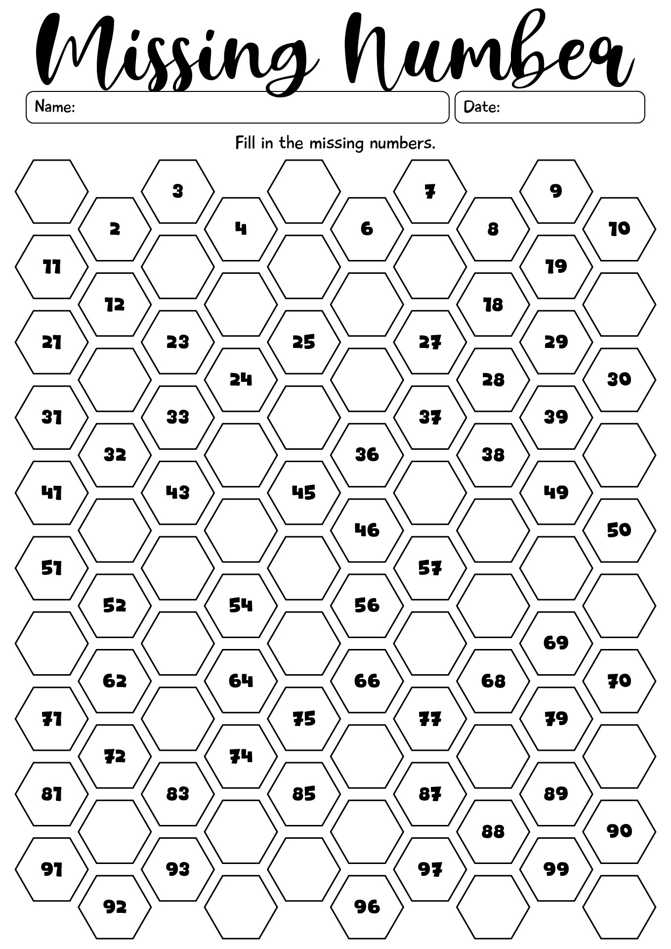 Missing Number Chart 1 100 Worksheet