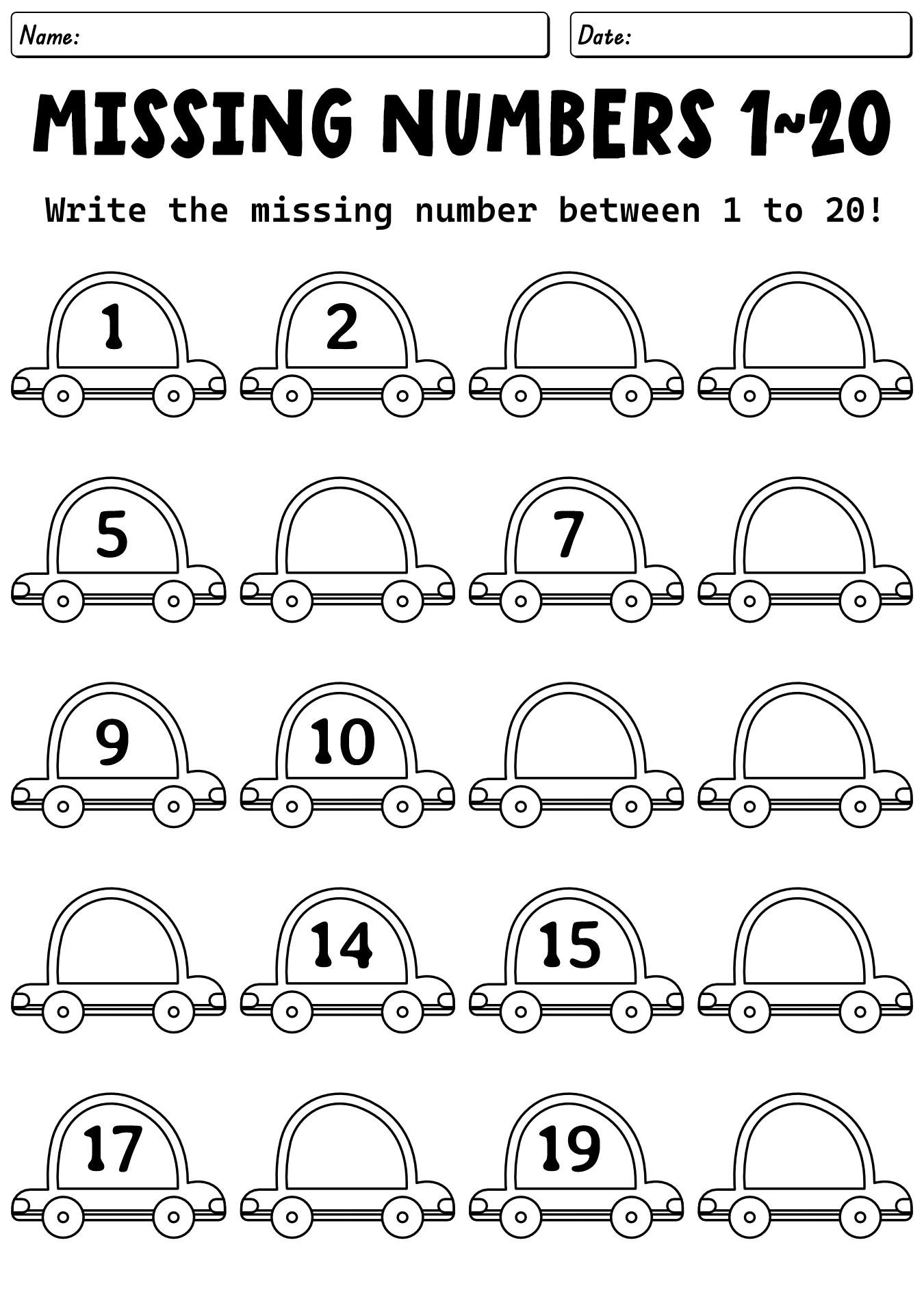 Missing Number Worksheets 1-20