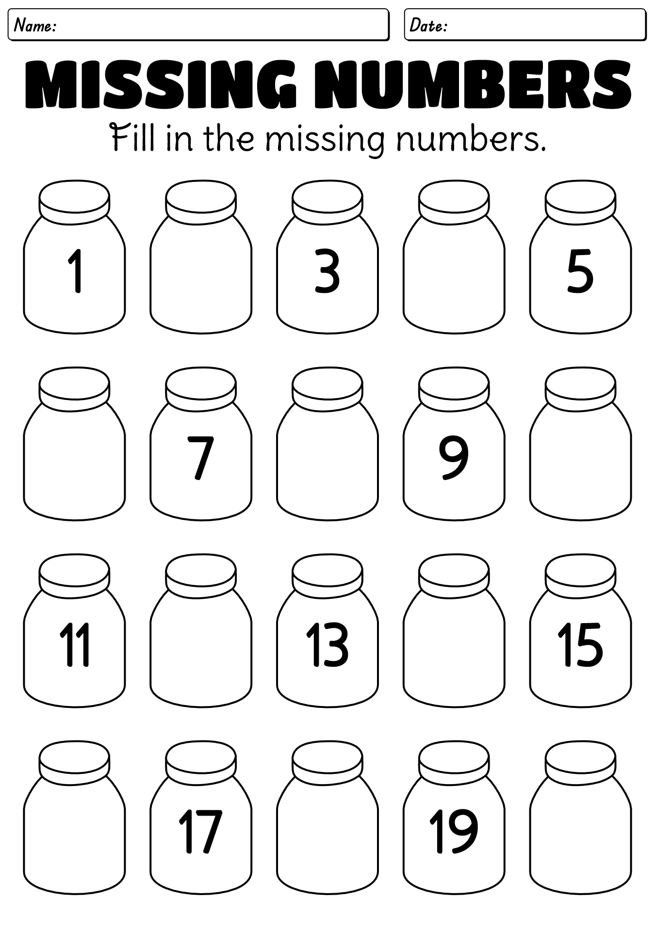 Missing Numbers 1-20 Math Worksheets