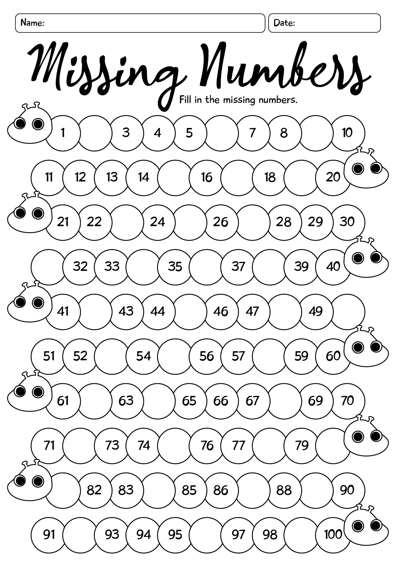 Missing Numbers Worksheet 1-100