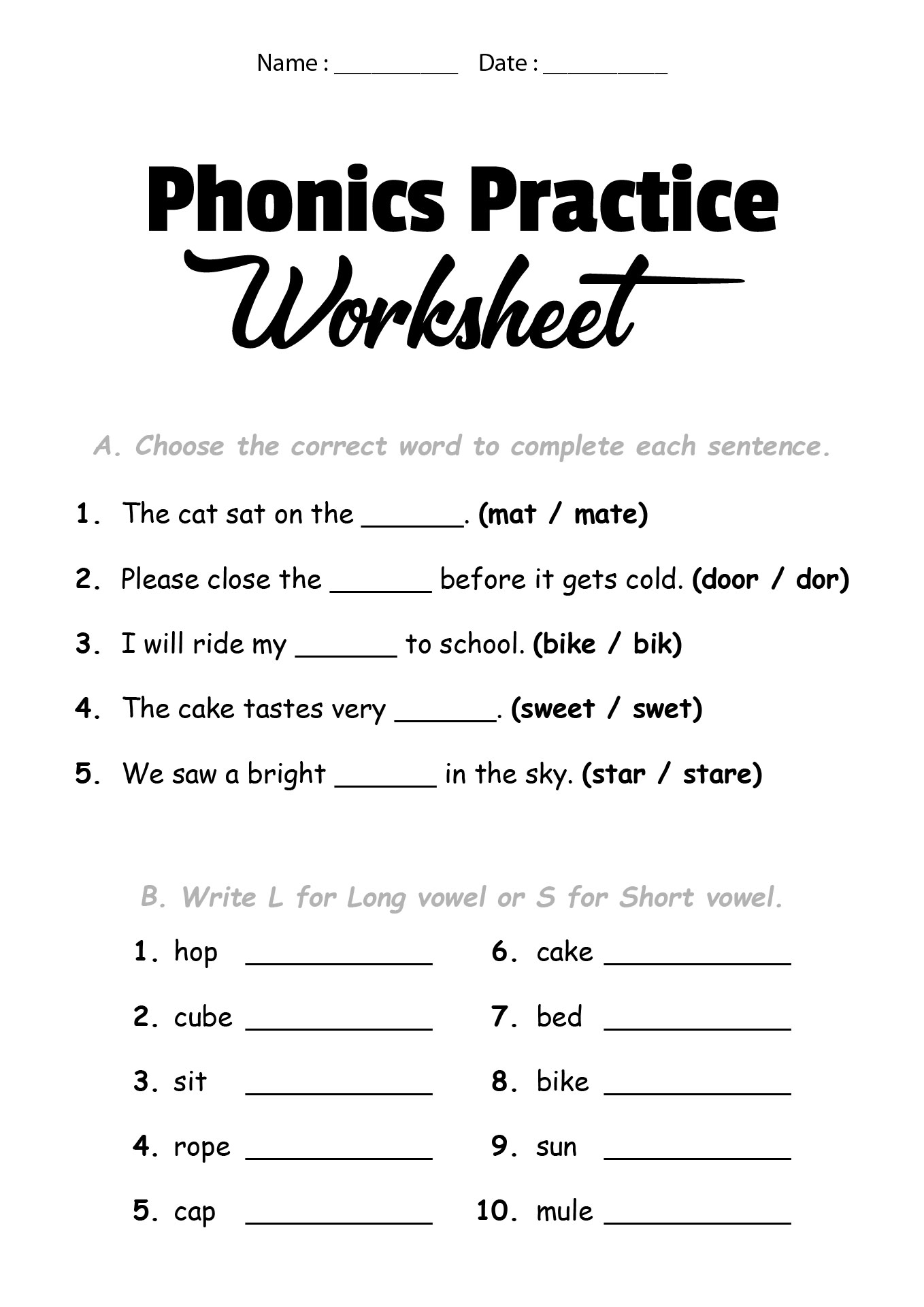 Phonics Review Sheets for 4th Graders