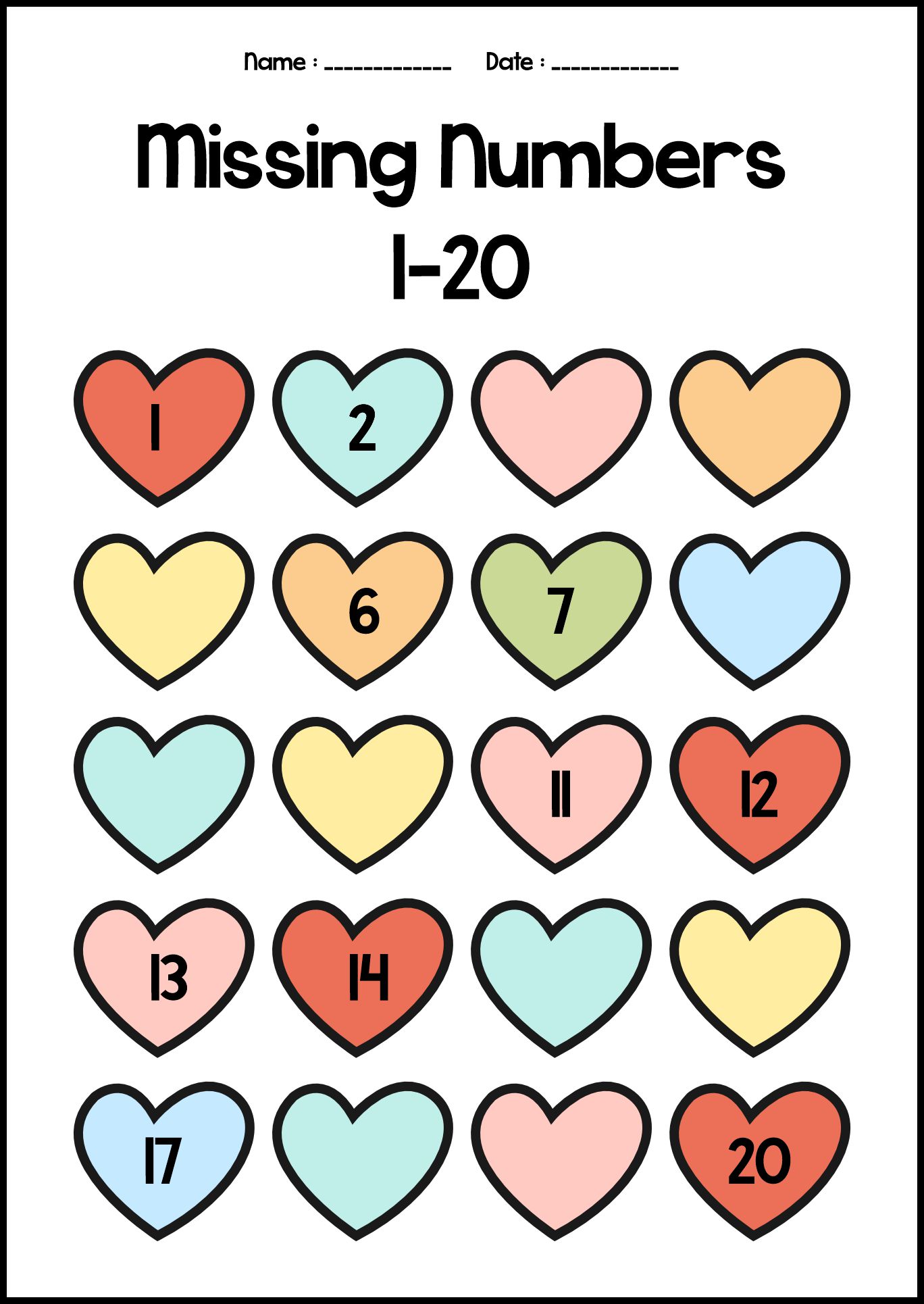 Printable Colorful Missing Number Worksheets 1-20
