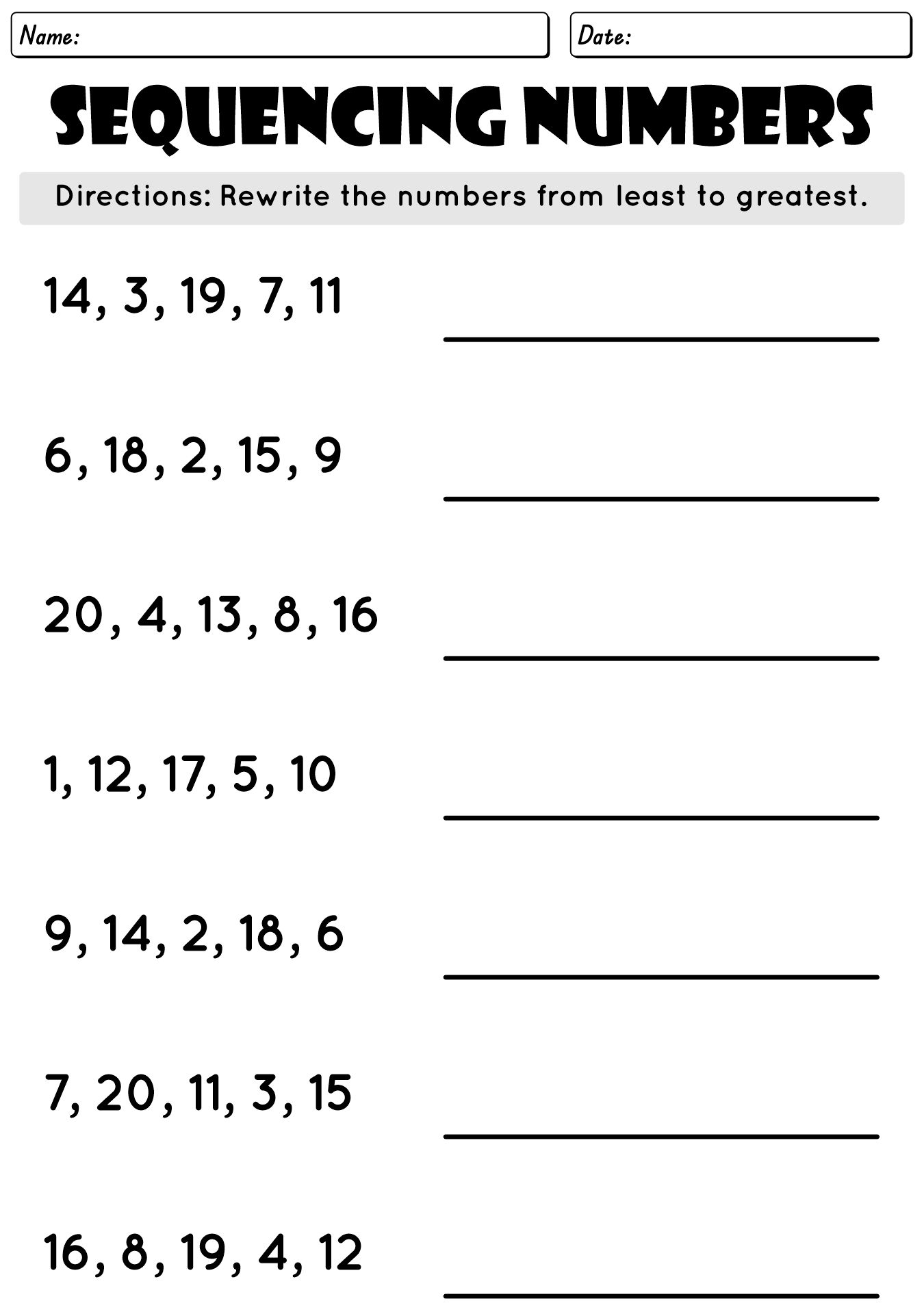 Printable Kindergarten Number Sequencing Worksheets 1 to 20