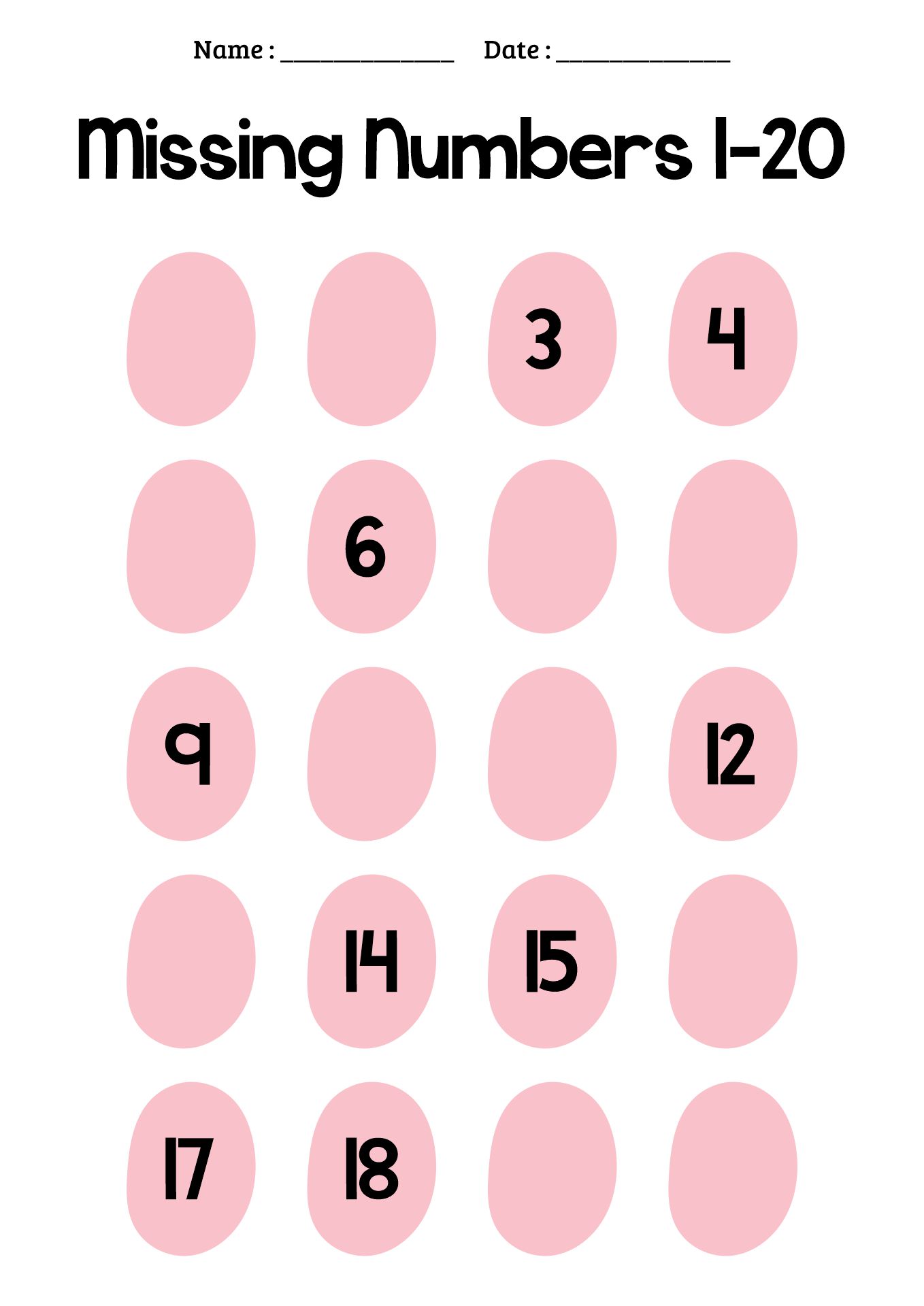 Printable Missing Number Math Worksheets 1-20