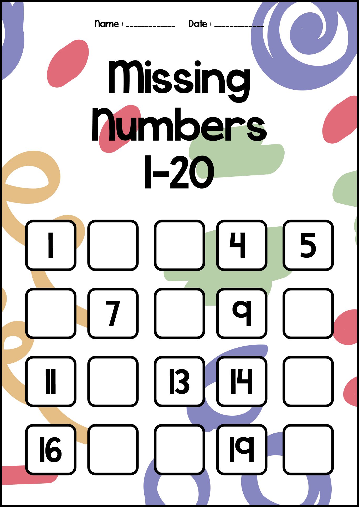 Printable Missing Number Worksheets 1-20 for Preschoolers