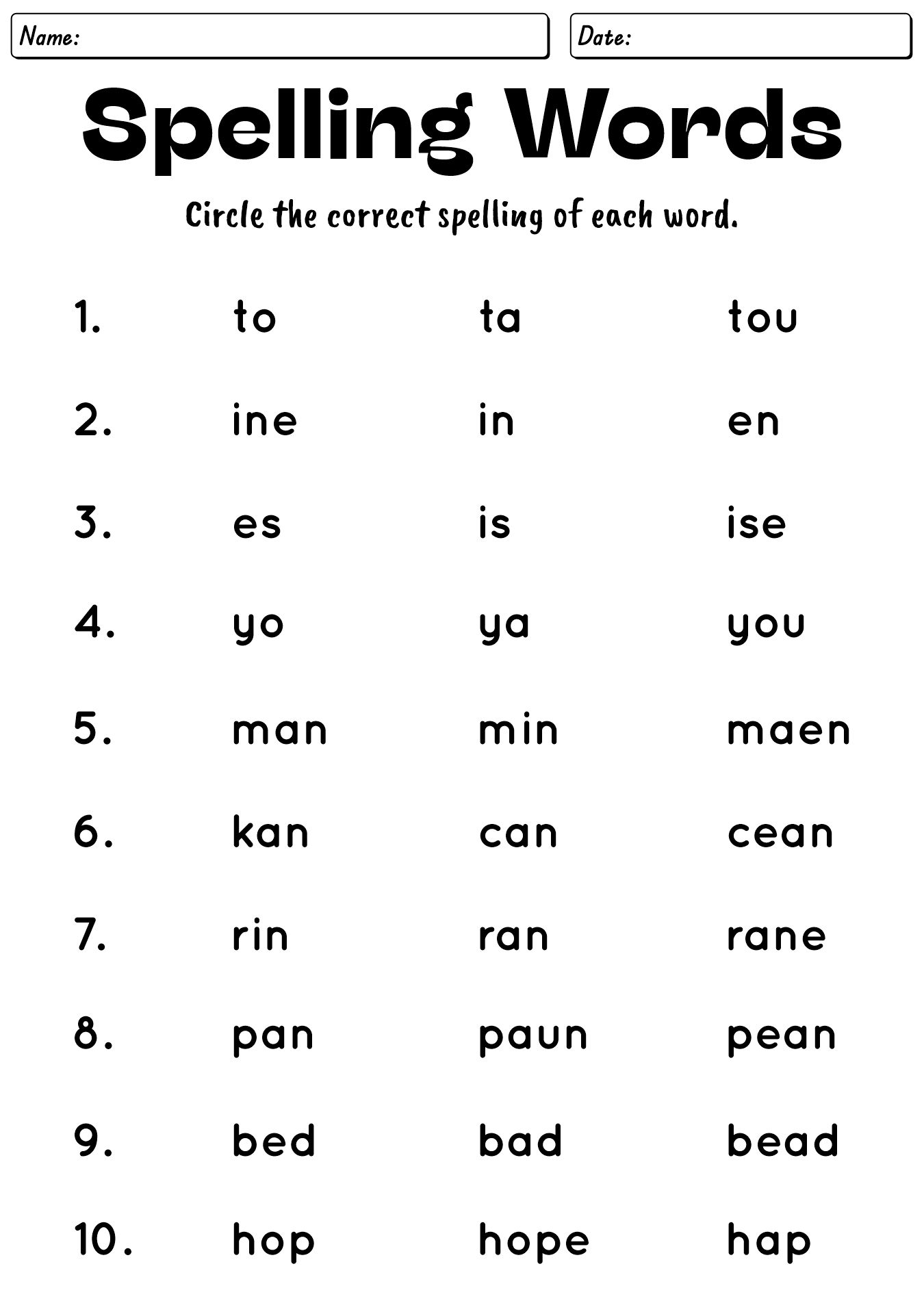 Printable Spelling Lists for Elementary Students
