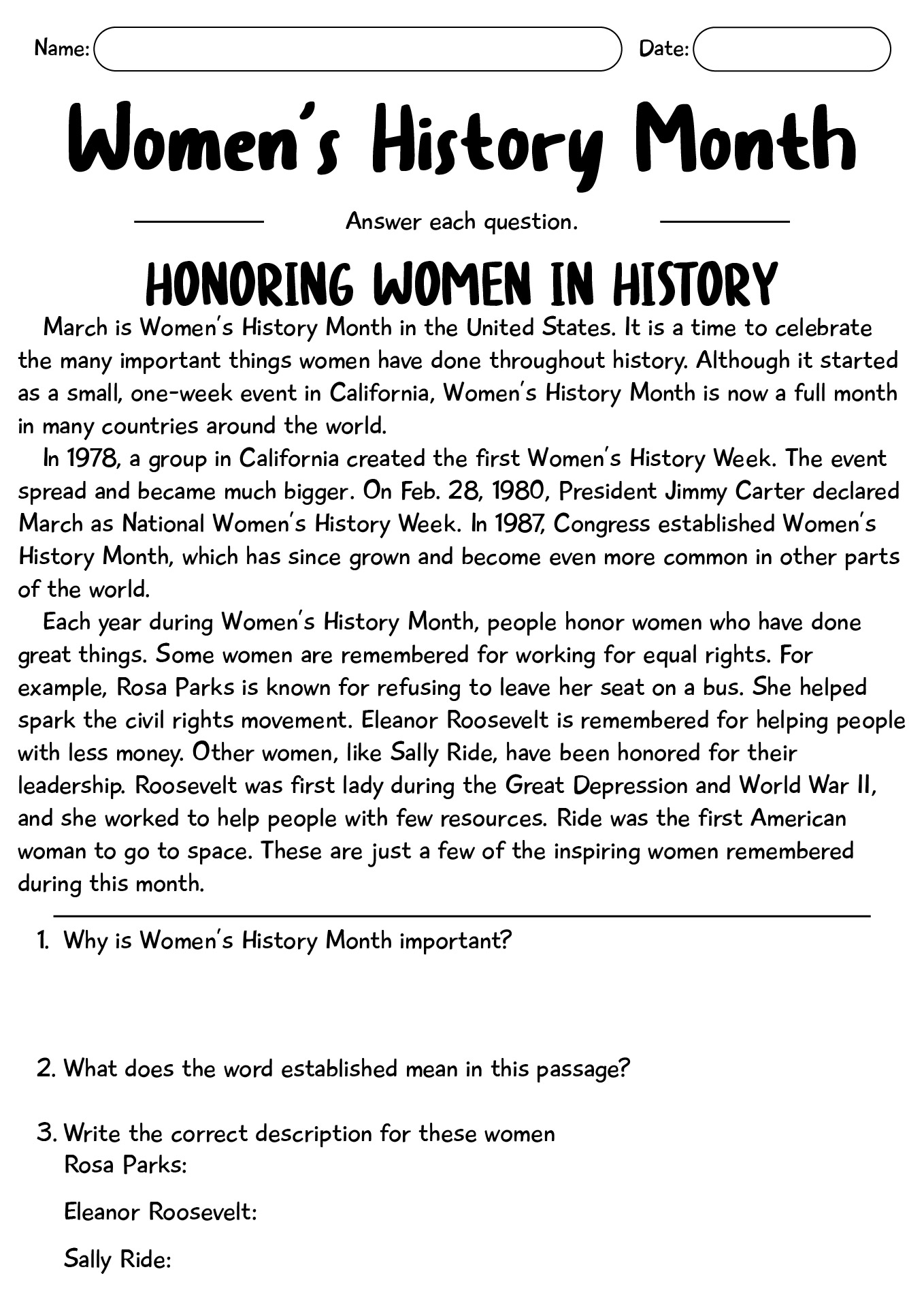 Reading Comprehension About Womens History Month