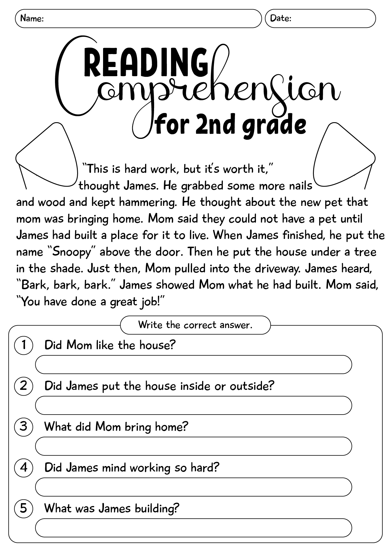 Reading Comprehension Worksheets For Second Grade