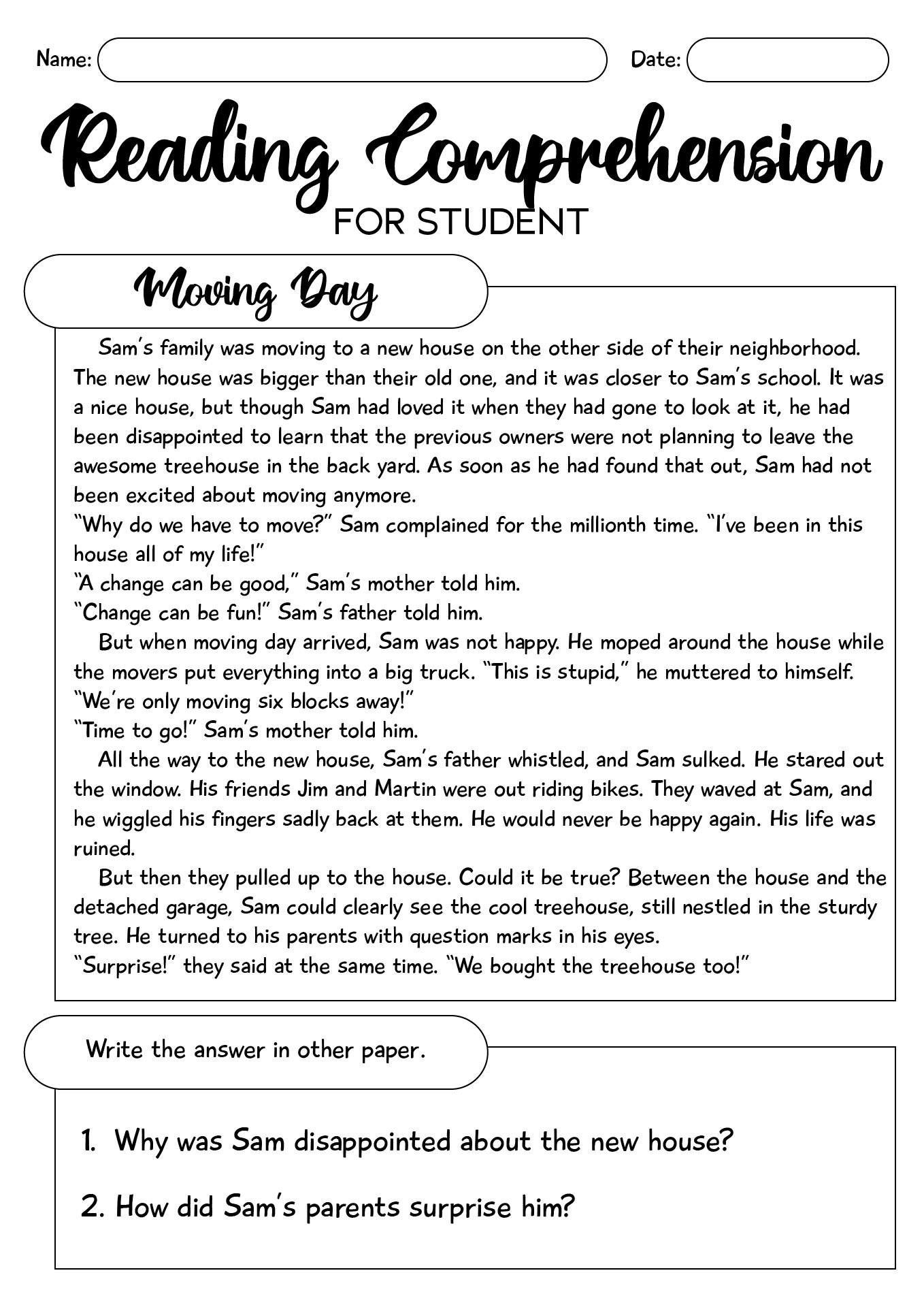 Reading Comprehension Worksheets For Student