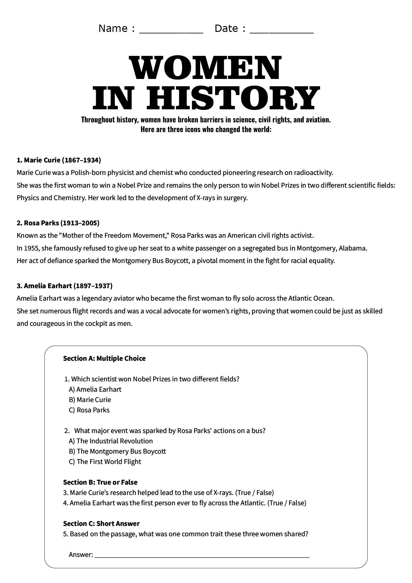 Reading Worksheet of Women in History