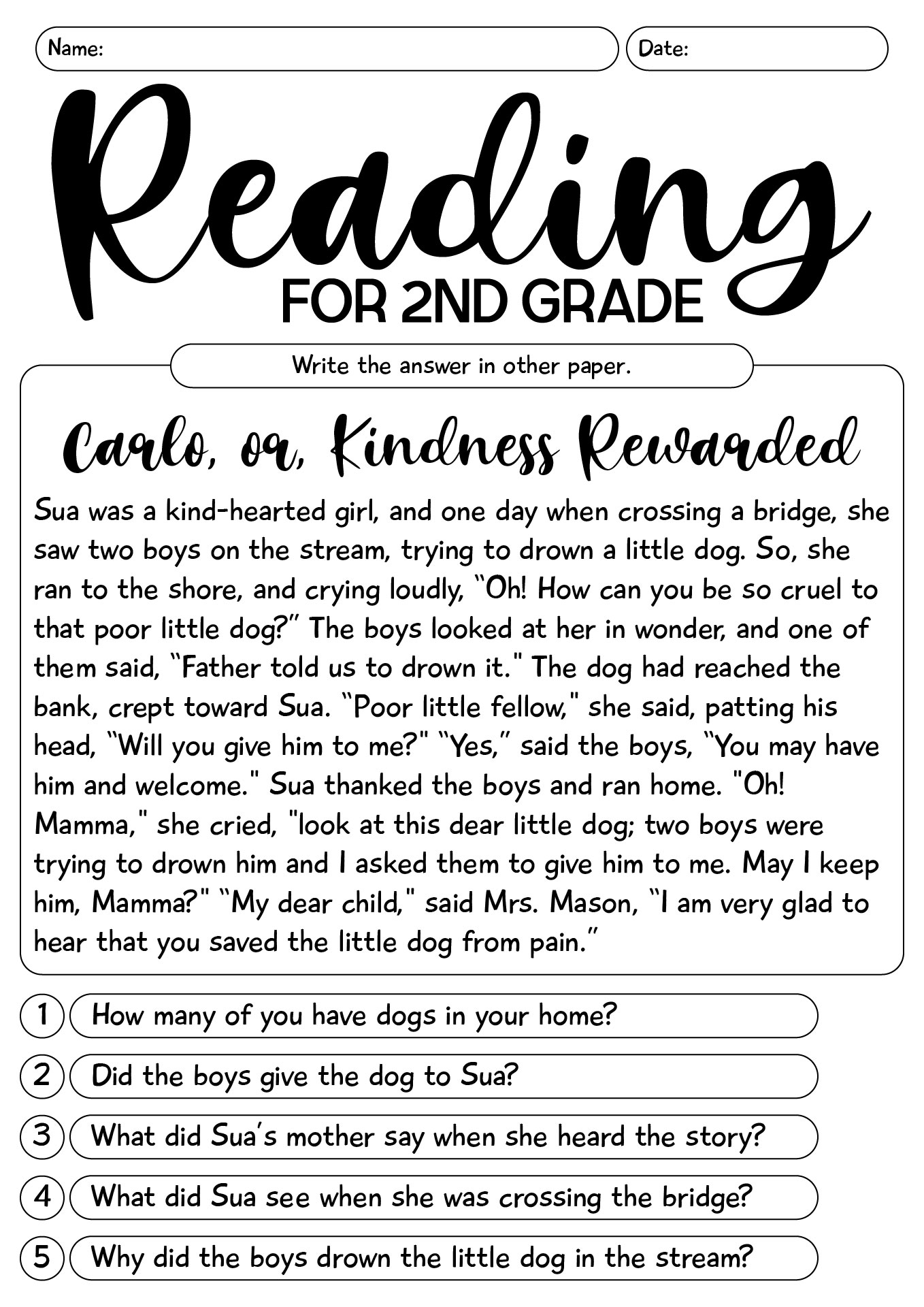 Reading Worksheets For 2nd Graders