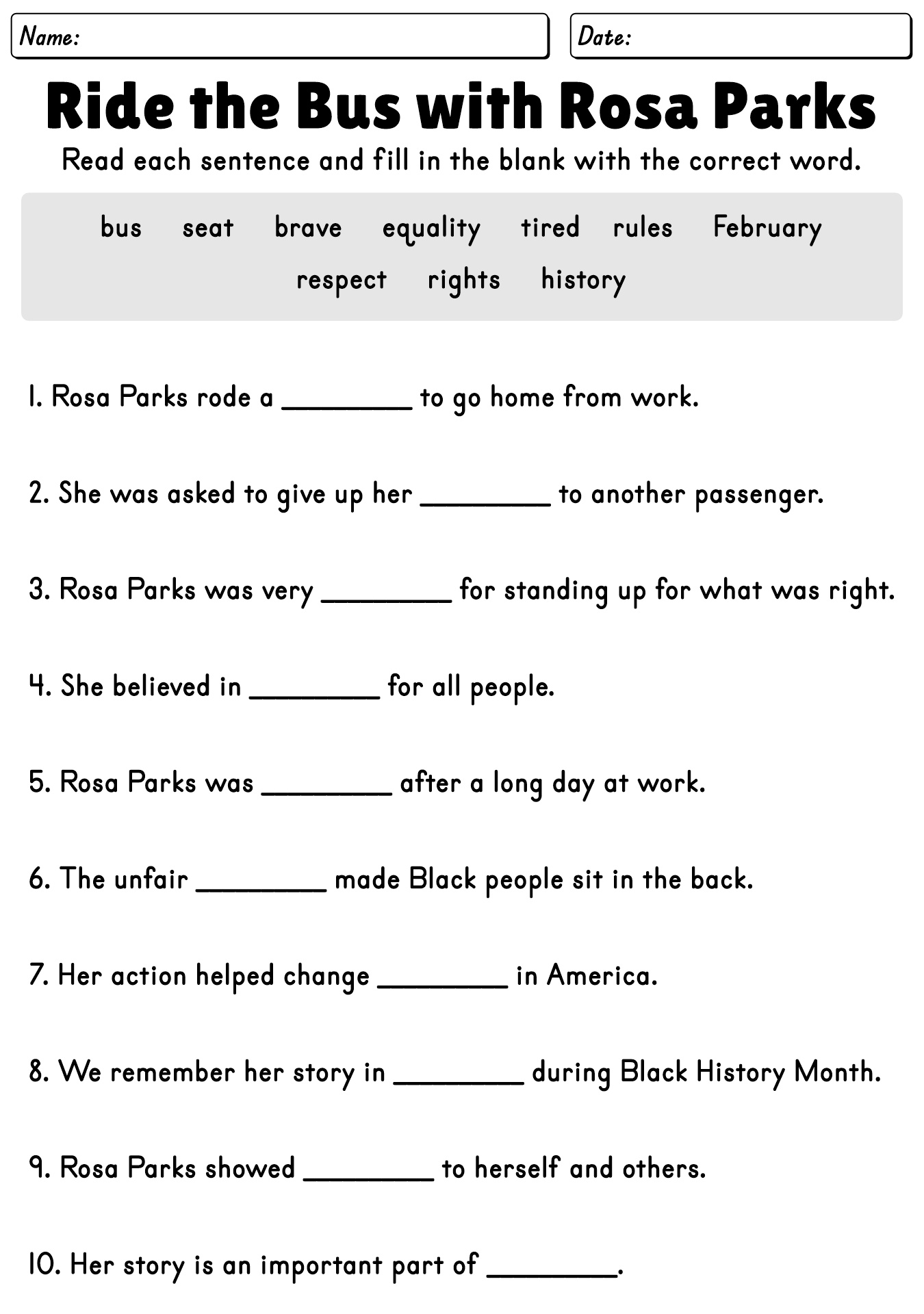 Ride The Bus With Rosa Parks Worksheet