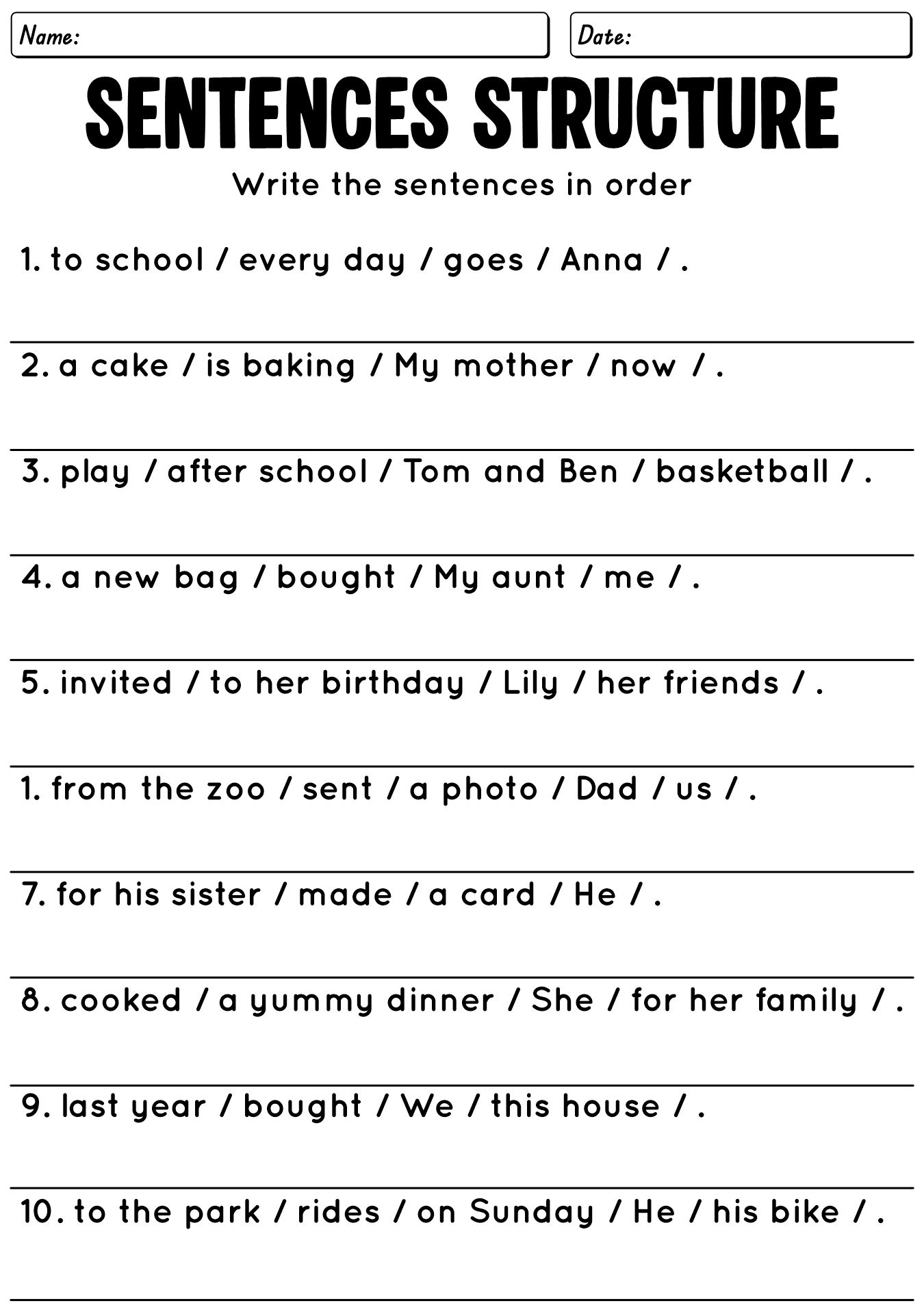 Second Grade English Sentence Structure Worksheets