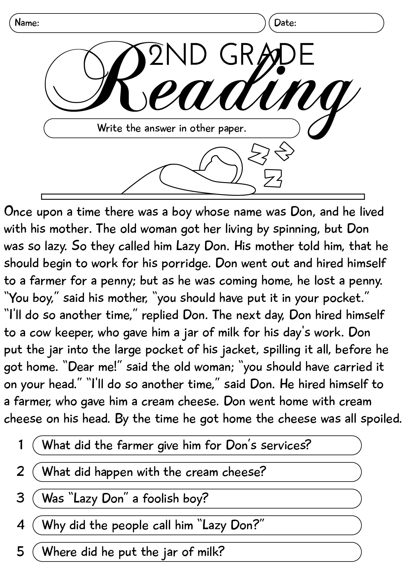 Second Grade Reading Worksheets