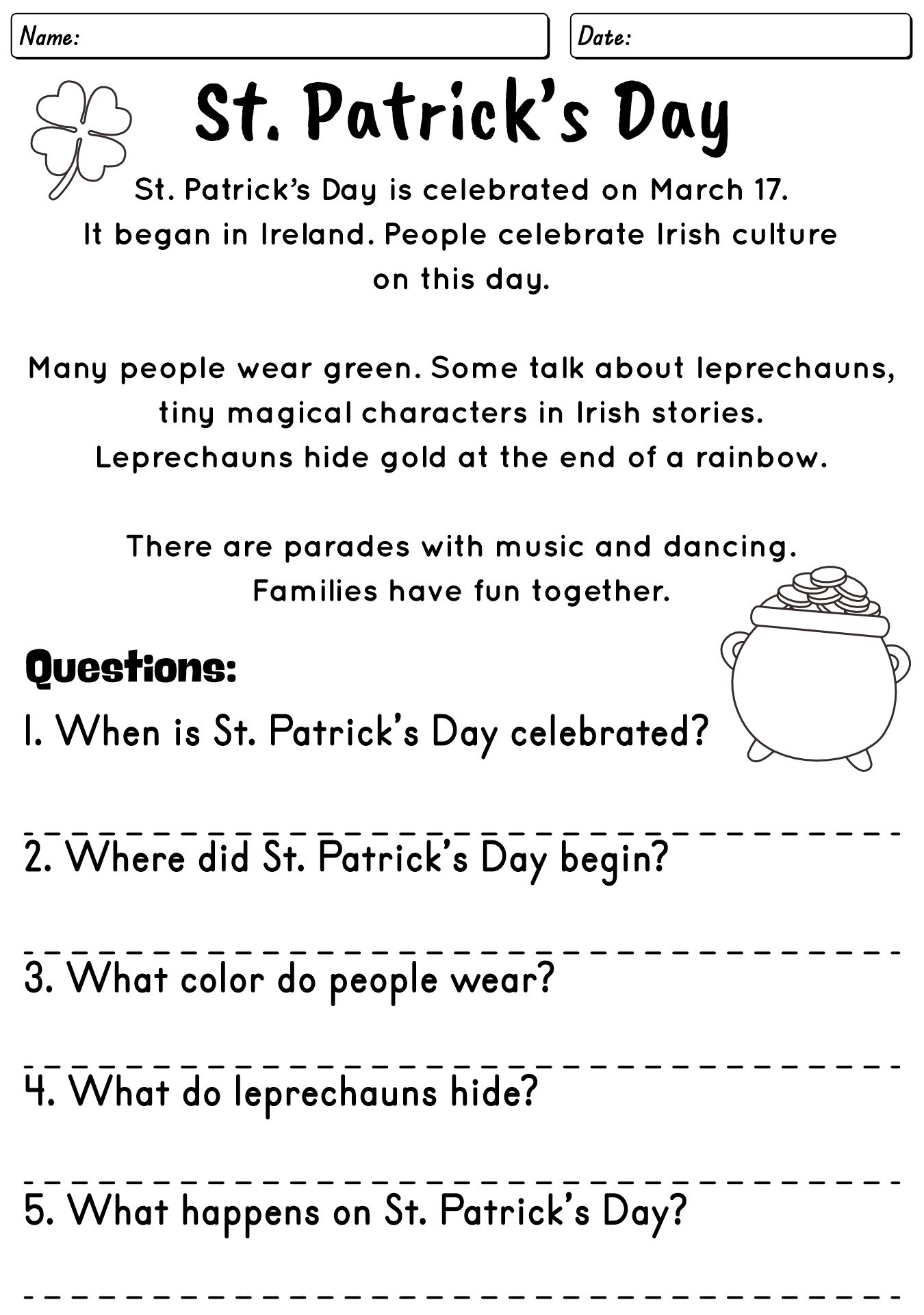 Second Grade St. Patrick’s Day Reading Comprehension Worksheets