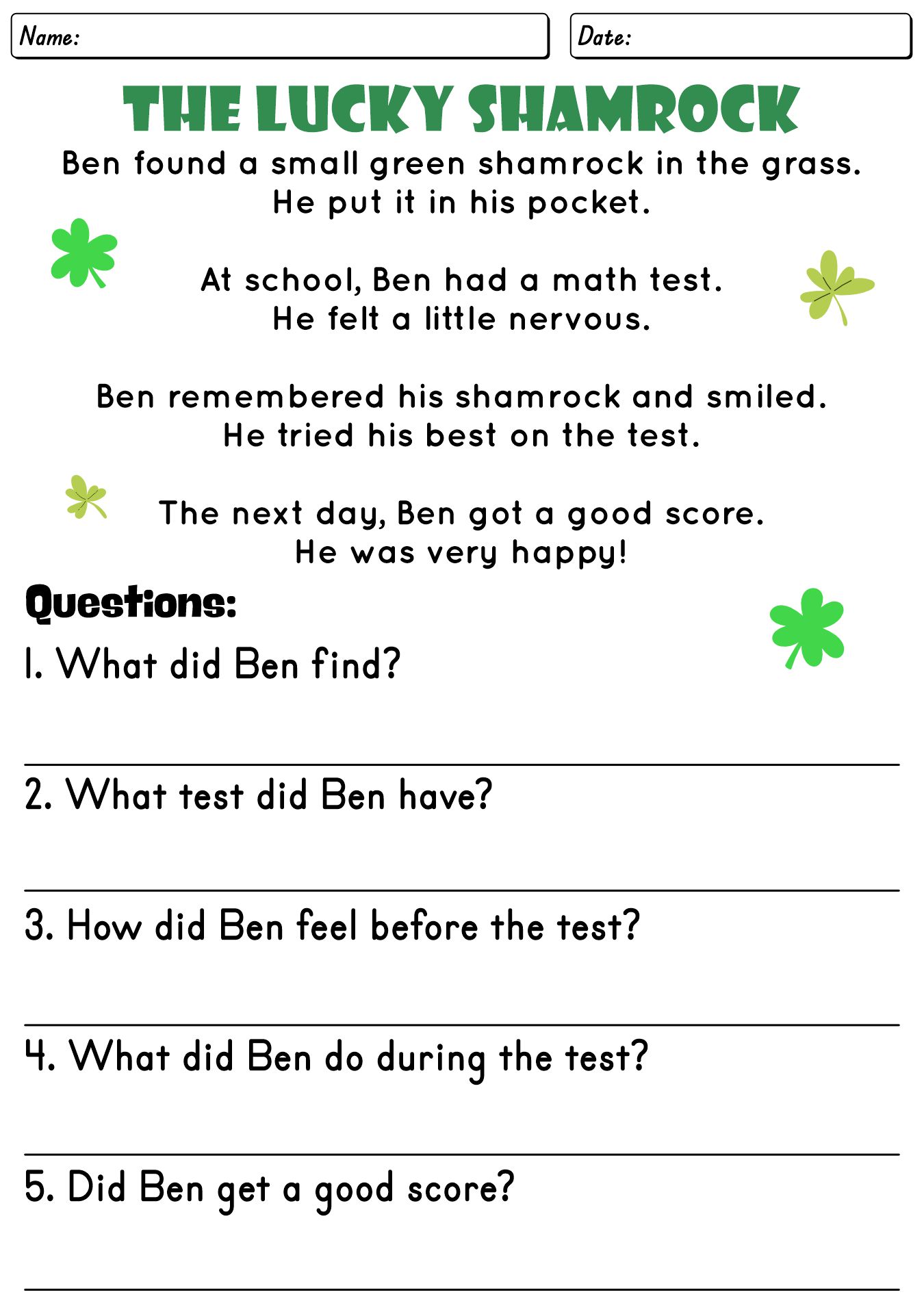 Shamrock-Themed Reading Comprehension Worksheets for Second Graders