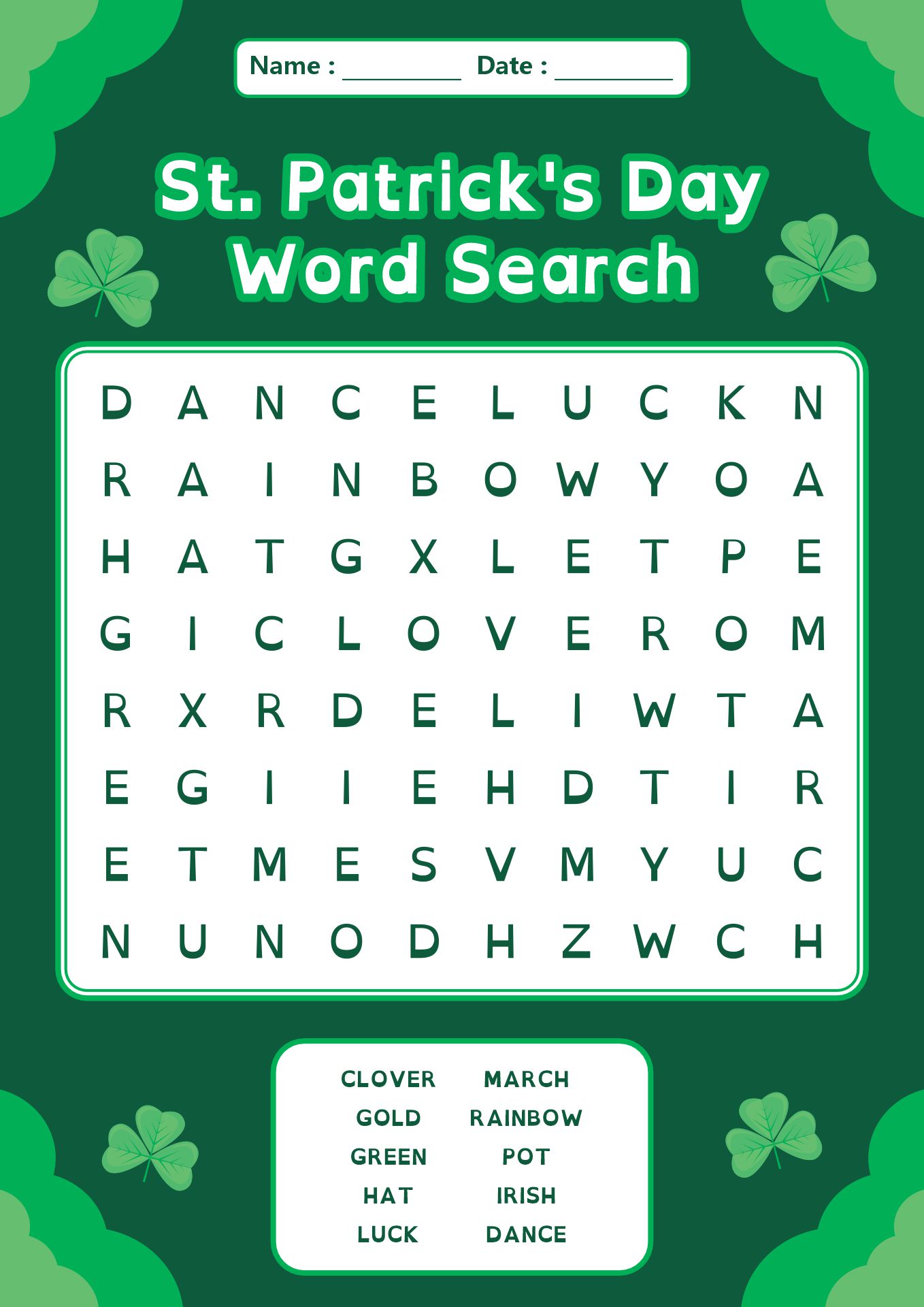 St. Patricks Day Word Search Puzzles for 2nd Grade